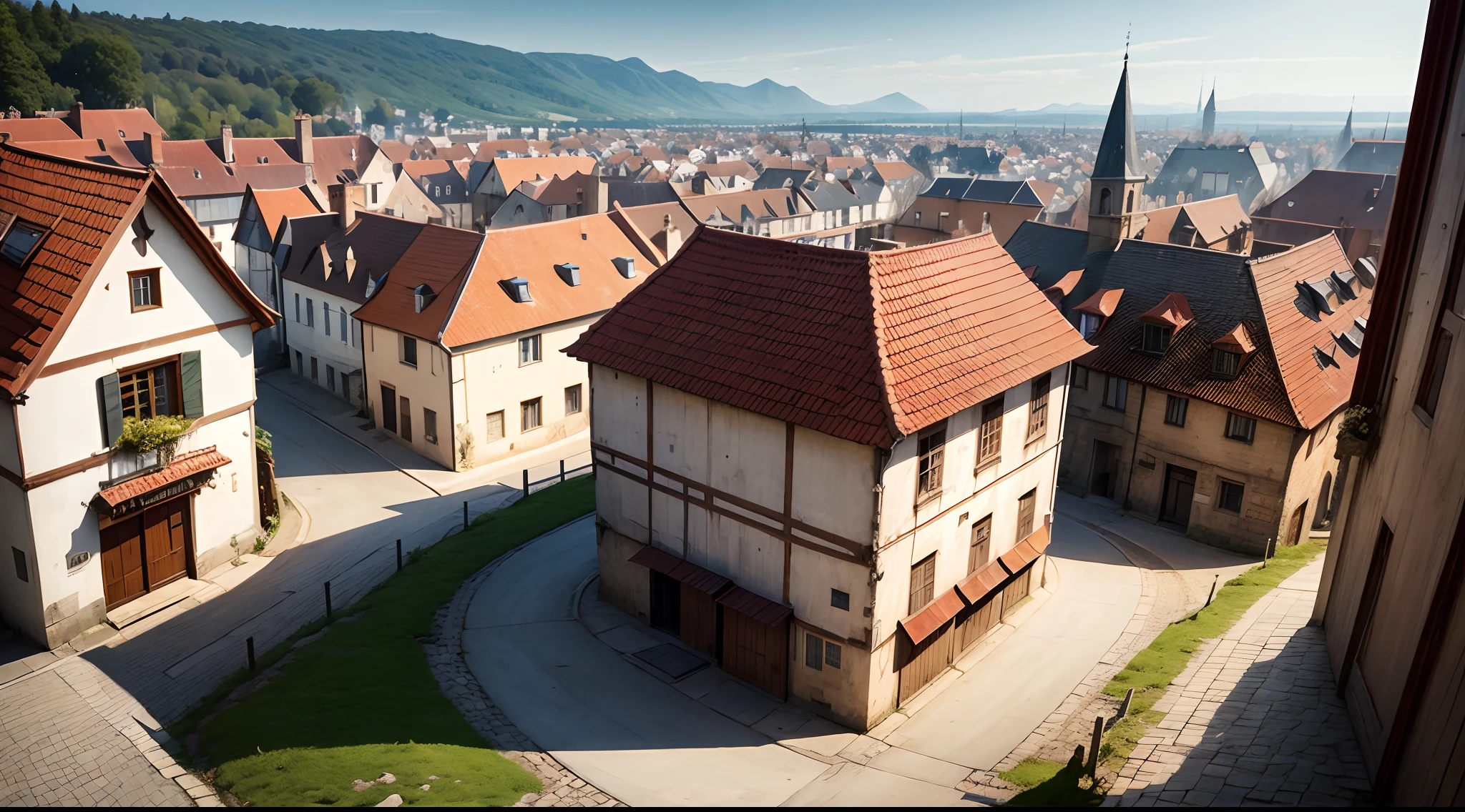 medieval city, concrete houses, landscape, front angle