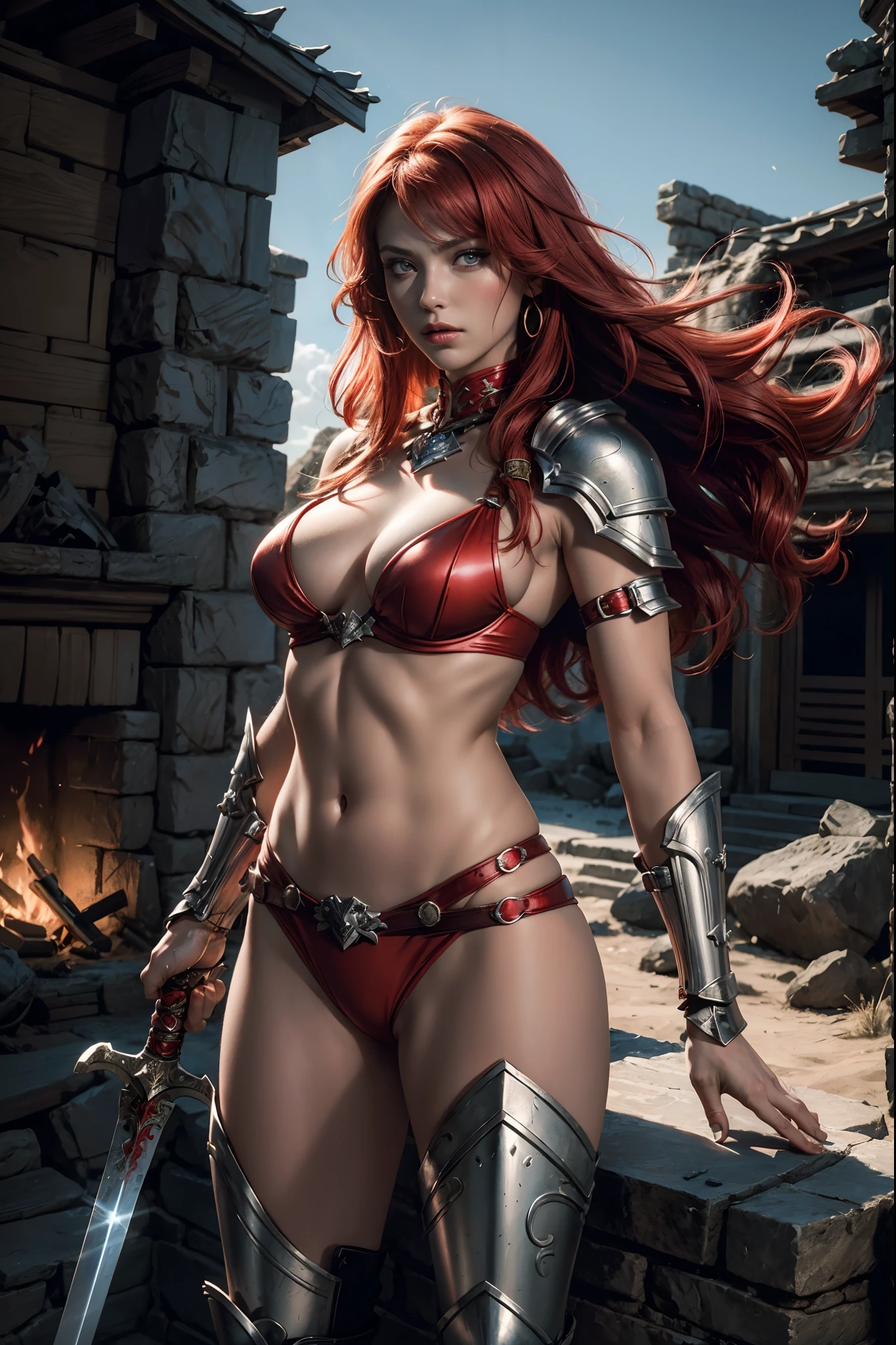red sonja, she-devil with a sword,illustration,oil painting,medium(1.1),detailed eyes,detailed lips,strong and fierce warrior,beautiful red hair flowing in the wind, bikini-style armor, show a lot of skin, , sharp sword in hand,dimly lit battlefield,bloodstained ground,dynamic action pose,fire in the background,highres,ultra-detailed,photorealistic:1.37,portraits,vivid colors,warrior princess,fantasy genre,strong backlighting,contrasting shadows, large breasts. cleavage,