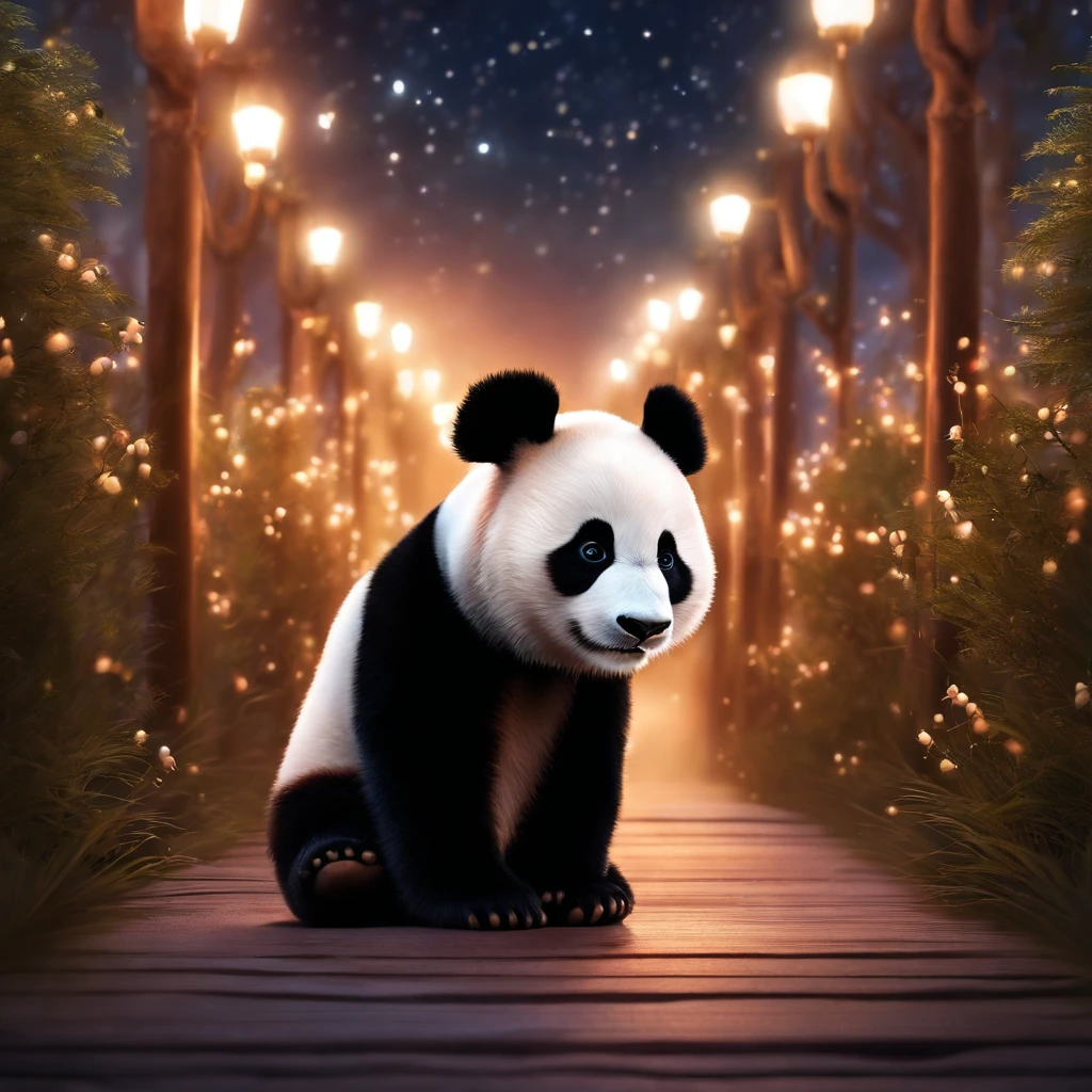 A cute panda, Wear a sweatshirt,With a hat on, fantasy, emphasis lighting, spectral color, anime big breast, A winding path illuminated by a million stars.
