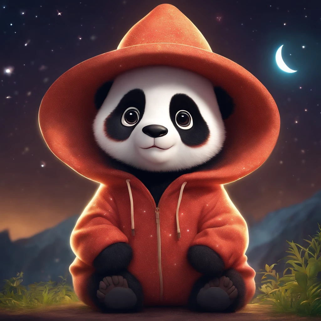 A cute panda, Wear a sweatshirt,With a hat on, fantasy, emphasis lighting, spectral color, anime big breast, A winding path illuminated by a million stars.