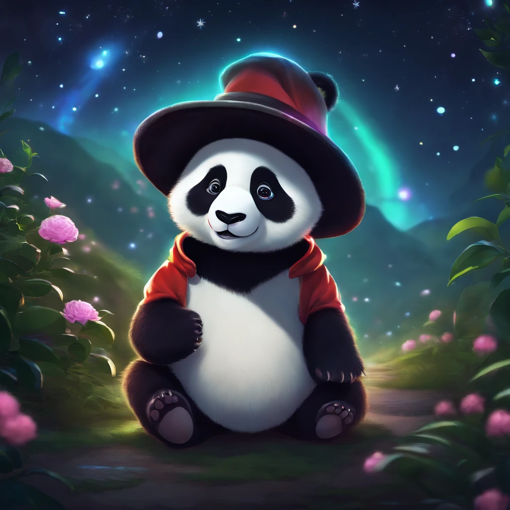 A cute panda, Wear a sweatshirt,With a hat on, fantasy, emphasis lighting, spectral color, anime big breast, A winding path illuminated by a million stars.