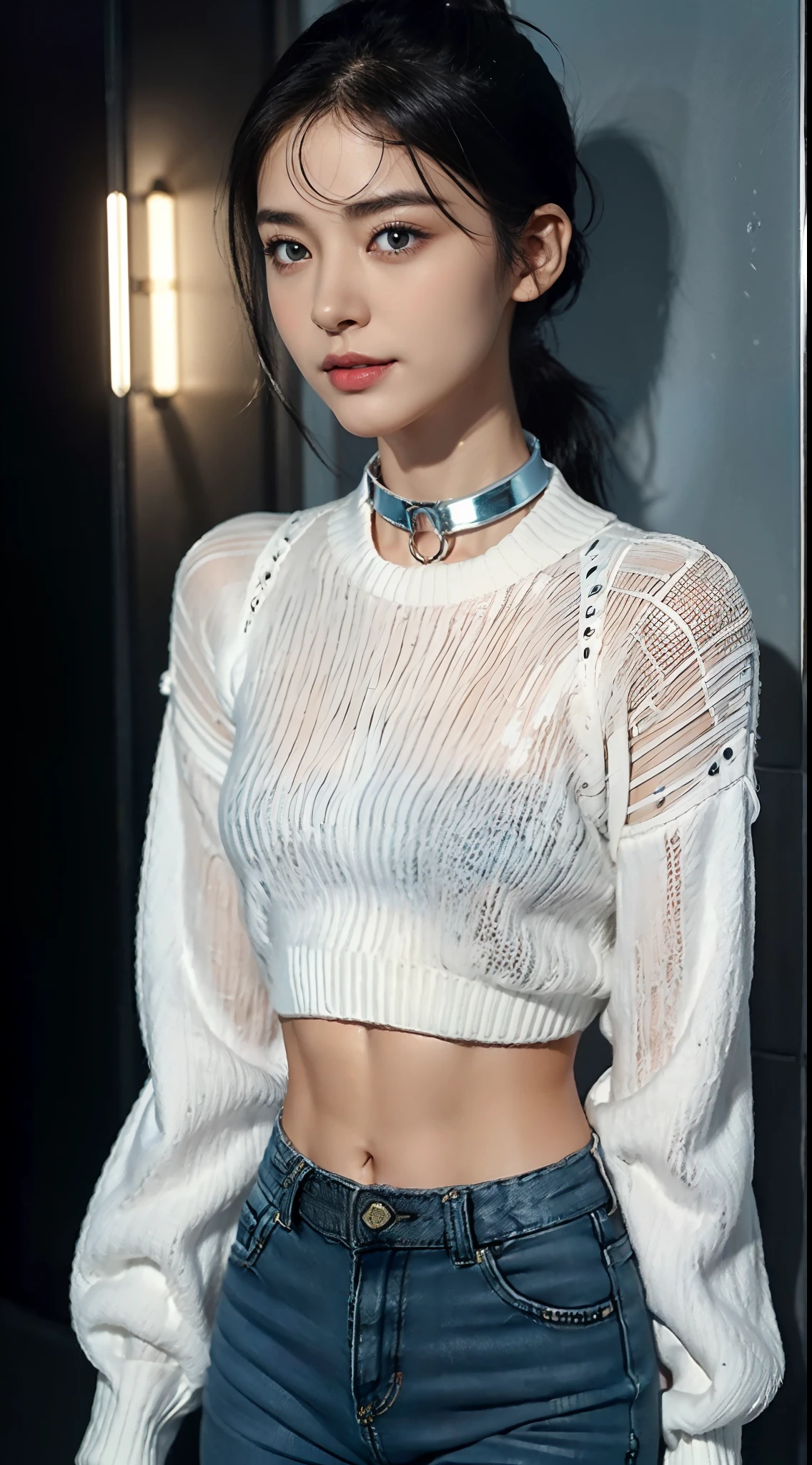 Highest quality, Ultra-high resolution, (Realistic:1.4), One Girl, Off-the-shoulder blue shirt, White Tight Skirt, Black Choker, (Faded gray hair:1), (Huge breasts:1.2), View your audience, close ,