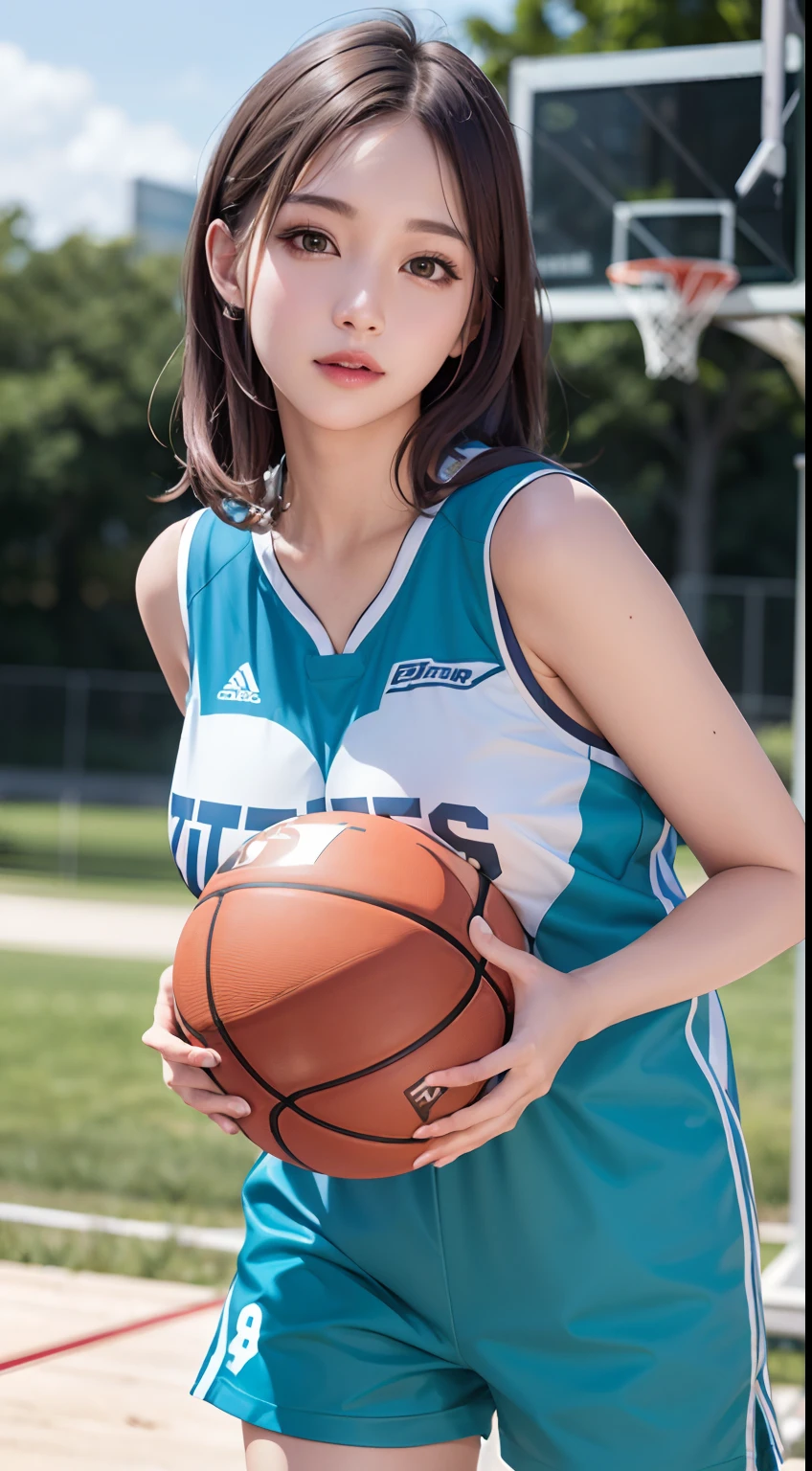 (8k, RAW photo, best quality, masterpiece:1.2), (realistic, photo-realistic:1.4), illustration, highres,hexagon,(1girl), gorgeous, rough skin, (oval face:1.1), professional lighting, photon mapping, radiosity, physically-based rendering, cute,
wear basketball uniform, large breast, ((cleavage)), at  basketball court, pureerosface_v1:0.3