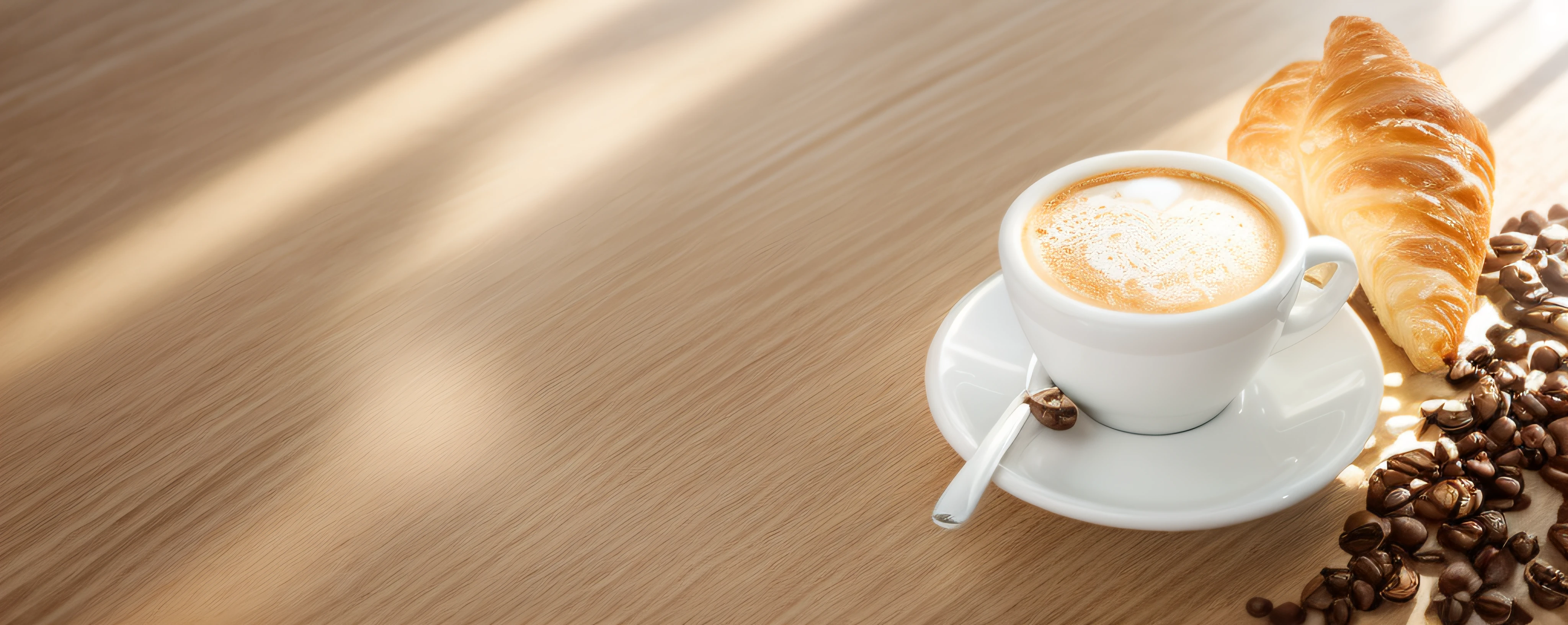 White and gold coffee cup on wooden table,white coffee shop,croissants,coffee beans white wall,sunlight from window,good lighting,high detailing
