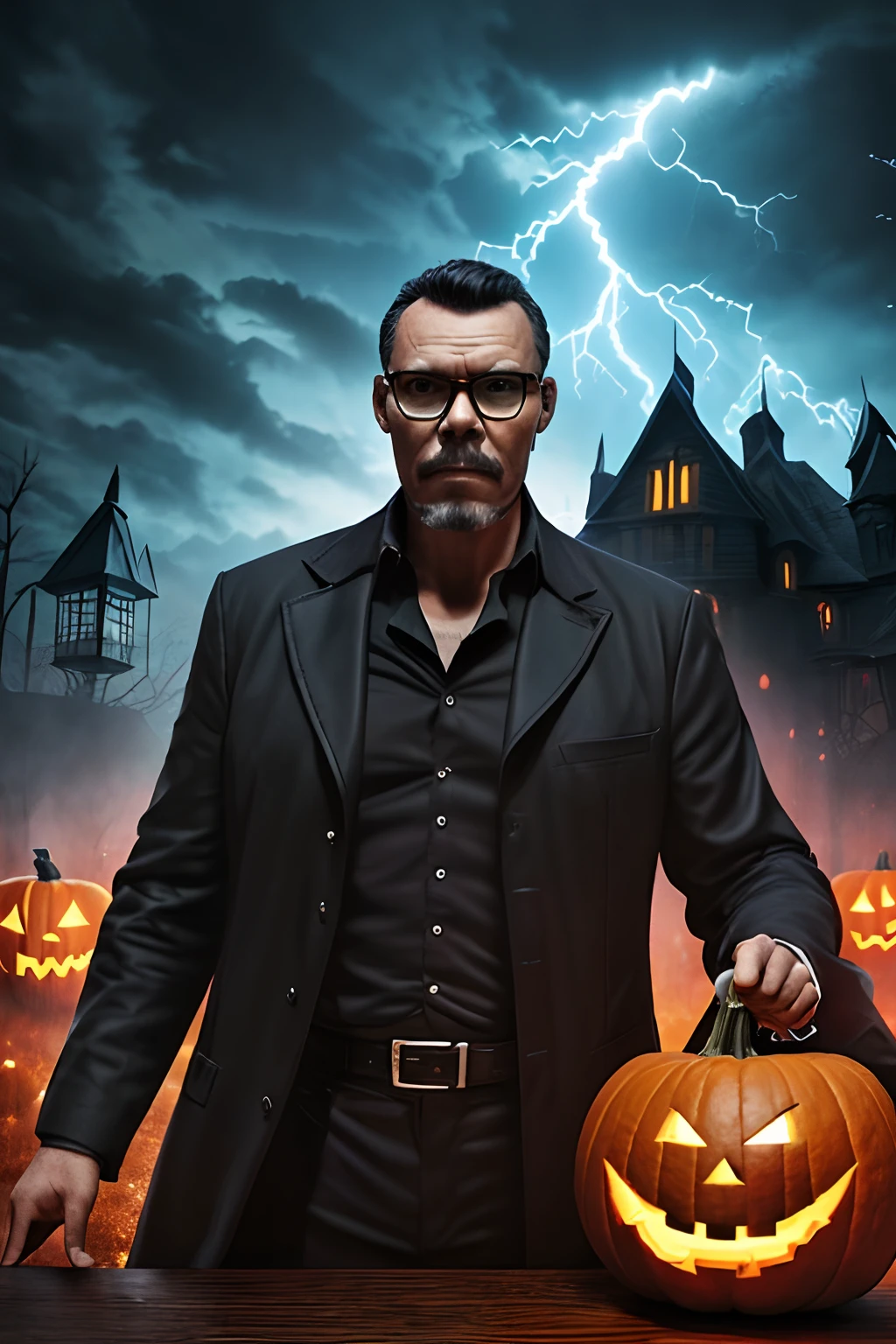 guttojugg1, Creating a prompt based on the rule: A Halloween magazine cover featuring a half-body portrait of a sinister-looking man with glasses, inspired by an 80s villain, holding a Halloween pumpkin head. Behind him, there's a haunted house, a dark night with lightning and thunder in the sky, illuminating the dark environment with a blurred background to emphasize the character. Hyper-realistic and hyper-detailed details.