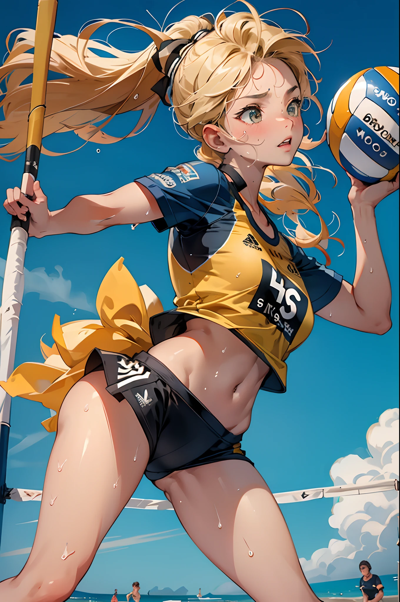 (Best Quality,8K,hight resolution,masuter piece:1.2),Ultra-detailed,Realistic:1.37,Portrait,Dynamic Angle,(female beach volley player) ,Teenage girl,small head,Cute,Sporty,Charming face,Detailed beauty face,Very realistic skin,Wet skin,Sweat,Large breasts,nice legs ,Sporty,Beach volleyball competition venues ,Cinematic lighting,