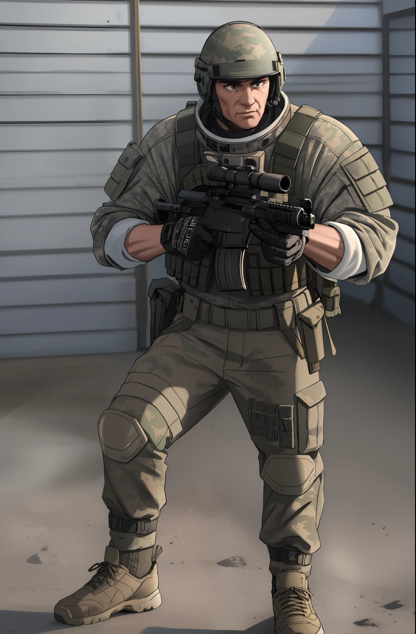 masterpiece, high quality, detailed photo, 8k, 4k, (1man), detailed head, detailed face, ultra-sharp focus, detailed eyes, detailed hair, (detailed head accessories), high resolution details, [detailed cloth|detailed armor|military armor:1], (head helmet), (short black hair), 30ears old mercenary, guard, broad shoulders, beefy, muscular, big man, (action pose:1.5), detailed weapon, detailed rifle, rifle in his hands, [CQB|AK47|AK74:1.5]full-length, wearing a bulletproof vest, t-shirt, military trousers, military shoes, in the style of Rambo, space settler, action film background