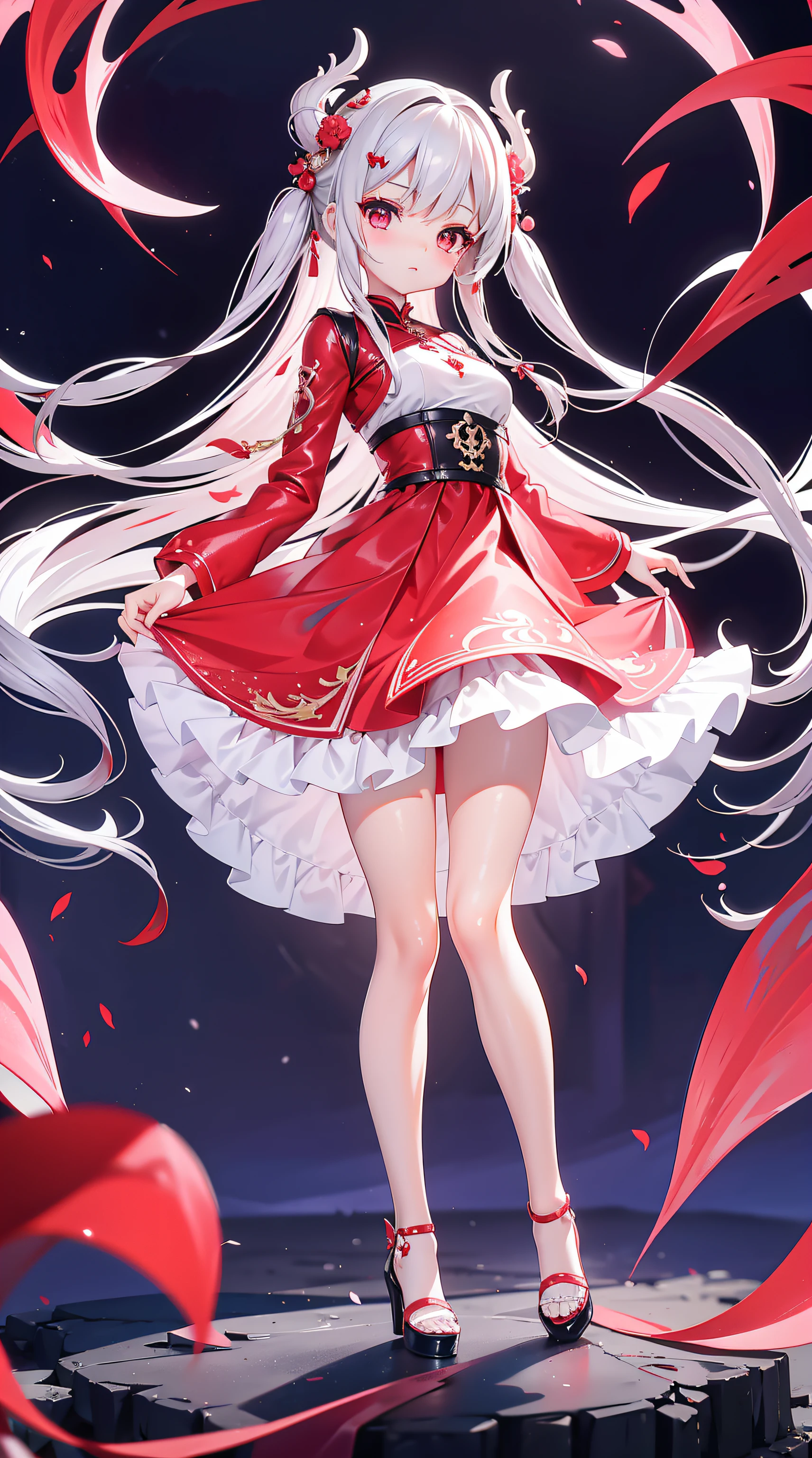 A beautiful and charismatic loli character，Her appearance is very eye-catching。Has long silky hair，And a pair of big bright eyes，Her face is delicate，It gives a gentle and elegant feeling。Additionally，Hellfire background，Fire red dress，thedemongirl，Hellfire，Dark style，Small leather shoes，The design of this dress is very beautiful，Also suitable for her figure。