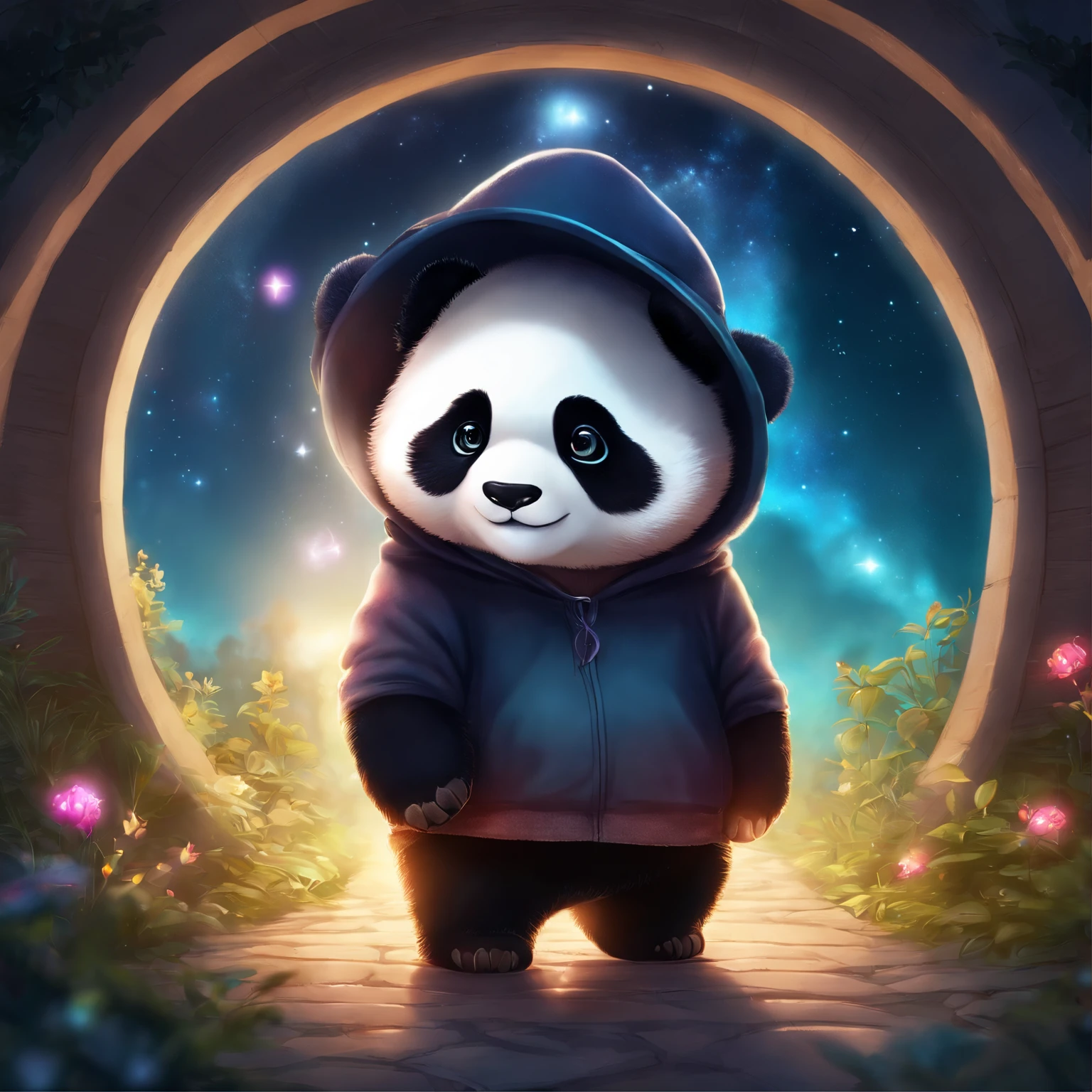 A cute panda, Wear a sweatshirt，With a hat on, fantasy, emphasis lighting, spectral color, anime big breast, A winding path illuminated by a million stars.