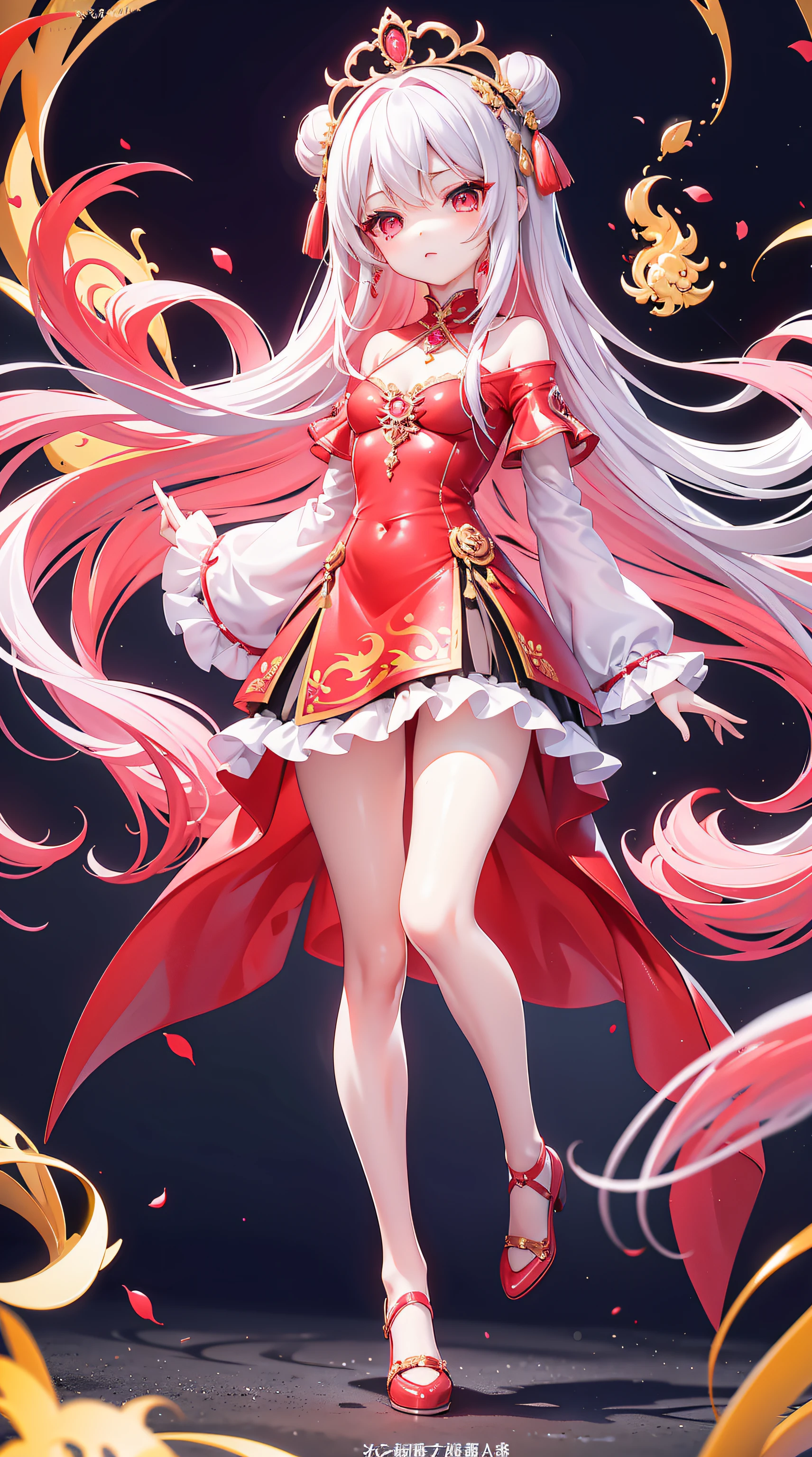 A beautiful and charismatic loli character，Her appearance is very eye-catching。Has long silky hair，And a pair of big bright eyes，Her face is delicate，It gives a gentle and elegant feeling。Additionally，Hellfire background，Fire red dress，thedemongirl，Hellfire，Dark style，Small leather shoes，The design of this dress is very beautiful，Also suitable for her figure。