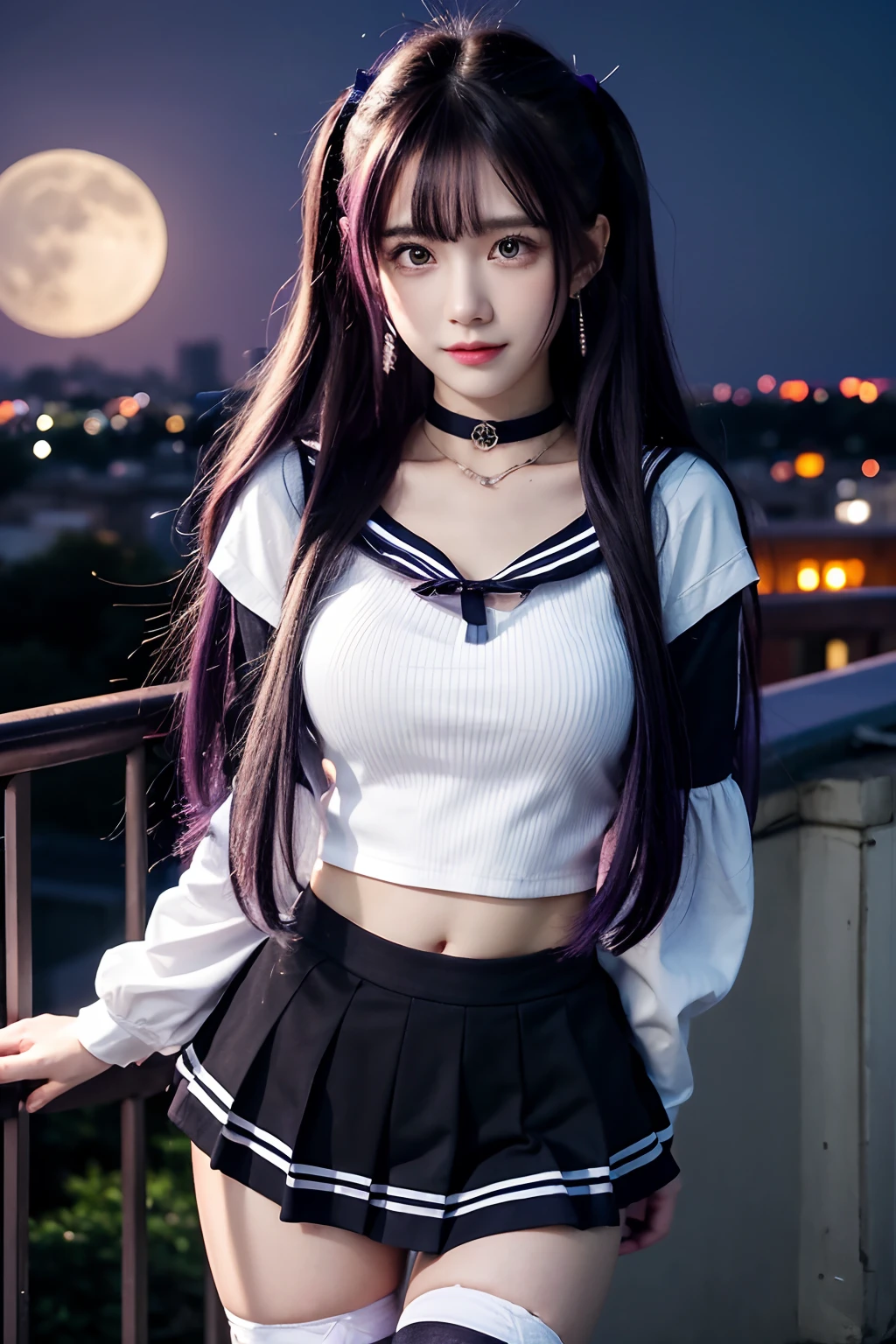 Masterpiece, Best quality, Dusk, full_Moon, Cityscape, Real, Huge_filesize, the wallpaper, Girl, Medium hair, Purple hair, Disheveled hair, Light smile, view the viewer, Small breasts, seifuku, Sailor shirt, white thighhighs, Earrings, Black choker , necklace, On_stomach,