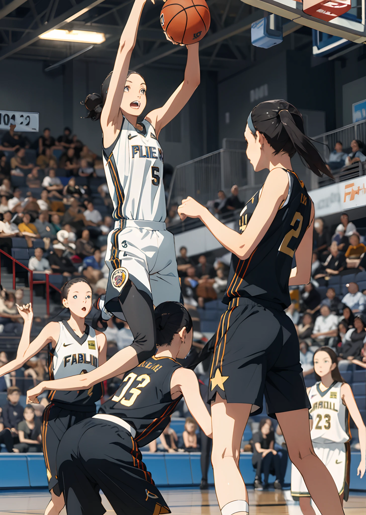 18year old、Women's Basketball、speedo、While playing、Short black hair、Long pants、arena、competition