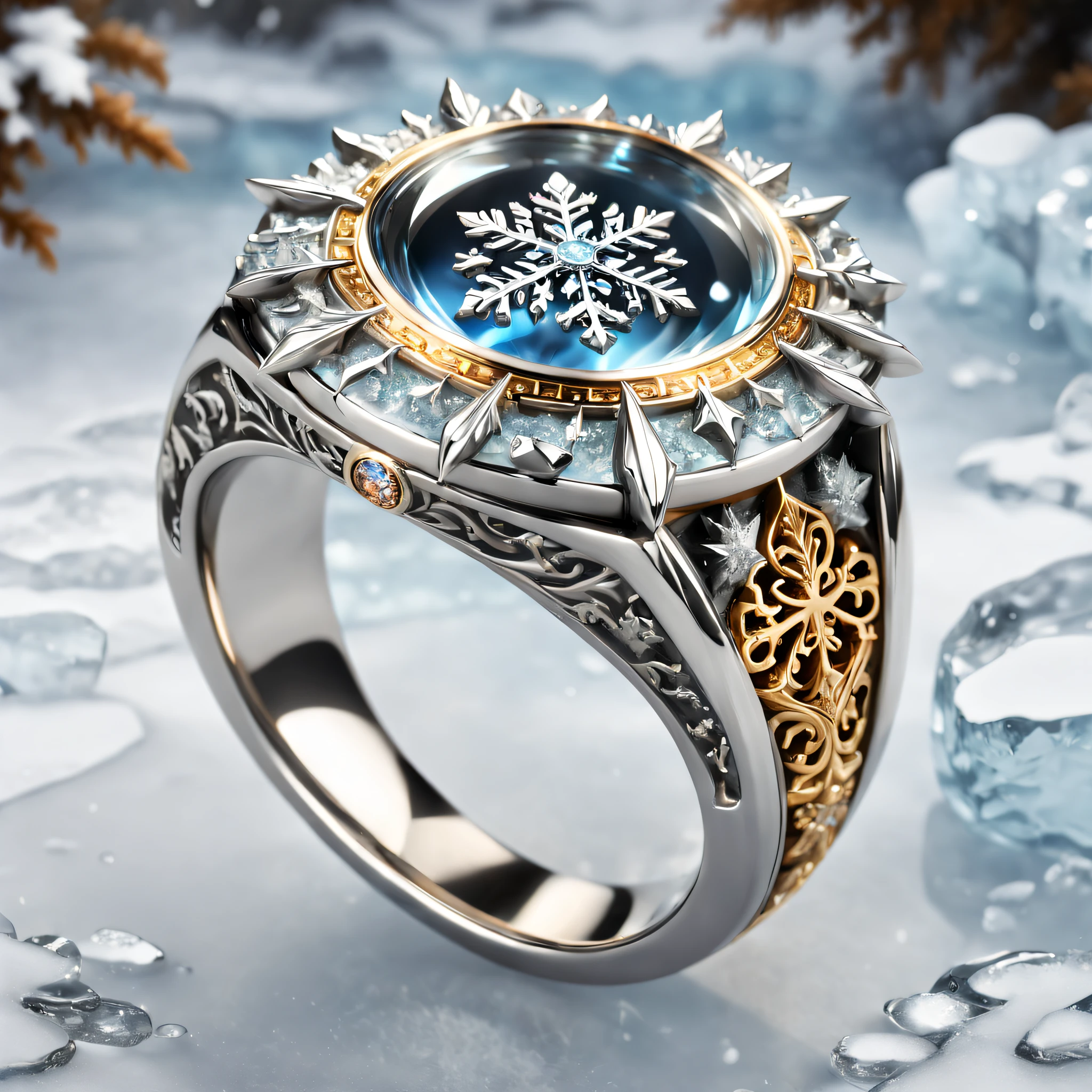 (8k, 16k, award-winning, highest quality, highest resolution, super detail, high detail, anatomically correct, masterpiece, stunning beauty), (metal ring: 1.3), metal ring inside an icicle , Masculine ring, Detailed decoration, Snowflake carving, Master craftsmanship , Legendary ring, Rare and valuable, Intricate details, The ring is made of a metal called orichalcum, There are no gemstones, (The inside of the ring There are ancient characters engraved on it: 1.2), Perfect circle, platinum, white, gold and silver, trapped in a world of ice.