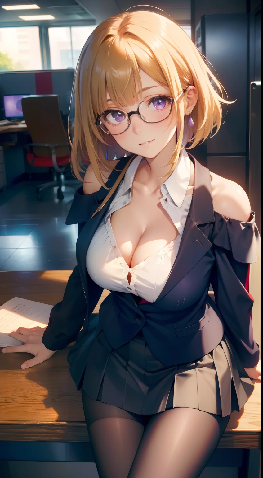 (Best Quality:1.1), (masutepiece:1.2), High Quality Shadows, Beautiful detailed, Beautiful face, Detailed eyes, Off-the-shoulder clothing，depth of fields, hight resolution, Best Shadow, Best Illumination, 1girll, view the viewer, （Blonde hair:1.3)，short detailed hair, Blunt bangs, Very Short Hair, Purple eyes, Shy, Large breasts, Miniskirt, Blouse, Blazer, pump, Office Lady, Glasses,cleavage，Look into the camera，ssmile，closeup cleavage