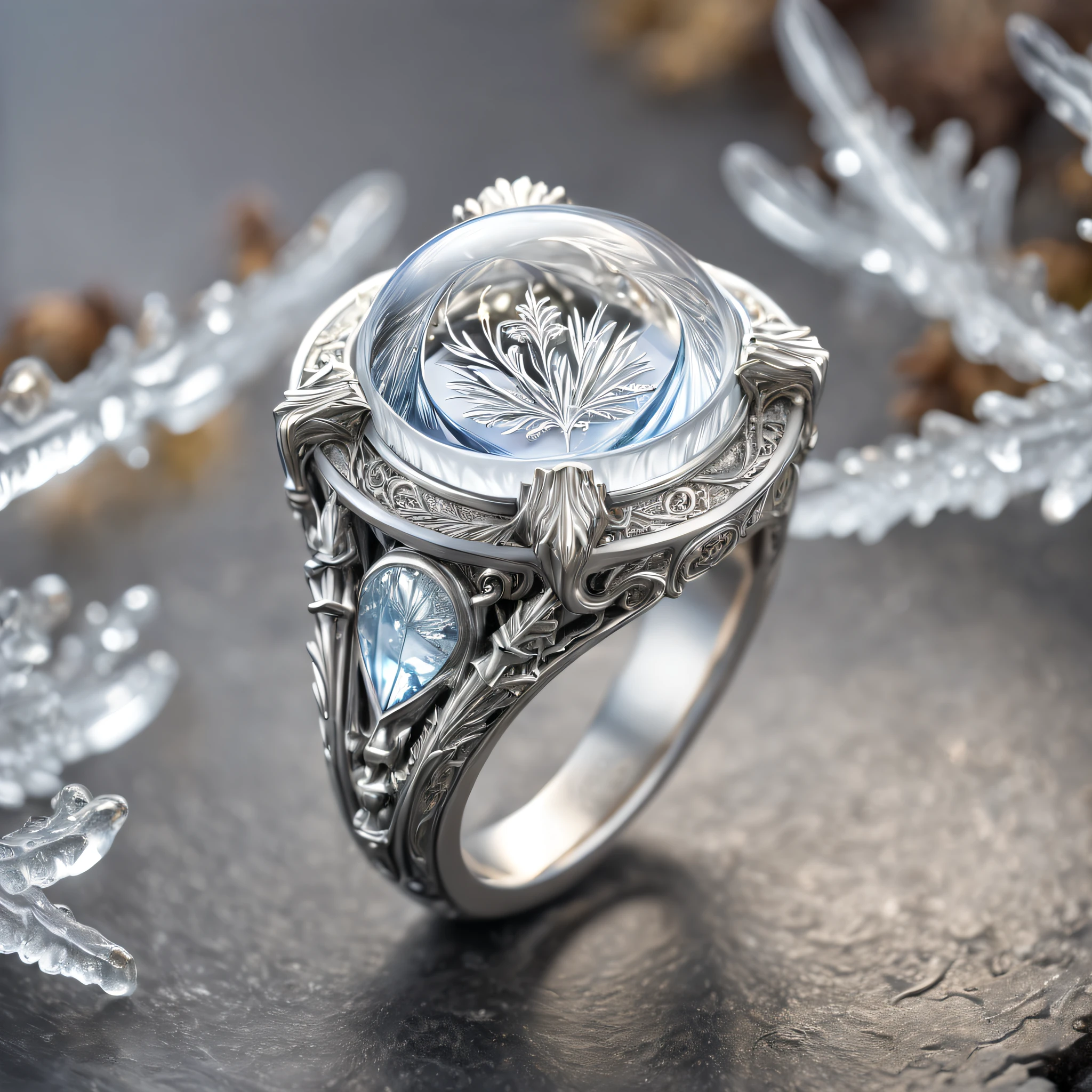 (8k, 16k, award-winning, highest quality, highest resolution, super detail, high detail, anatomically correct, masterpiece, stunning beauty), (metal ring: 1.3), (Icicles are growing from the ring :1.5), Manly ring, Detailed decoration, Snowflake carving, Master craftsmanship, Legendary ring, Very rare, Intricate details, The ring is made of a metal called orichalcum, No gemstones, ( The inside of the ring is engraved with ancient characters: 1.2), Perfect circle, platinum, trapped in a world of ice, white, gold, and silver.