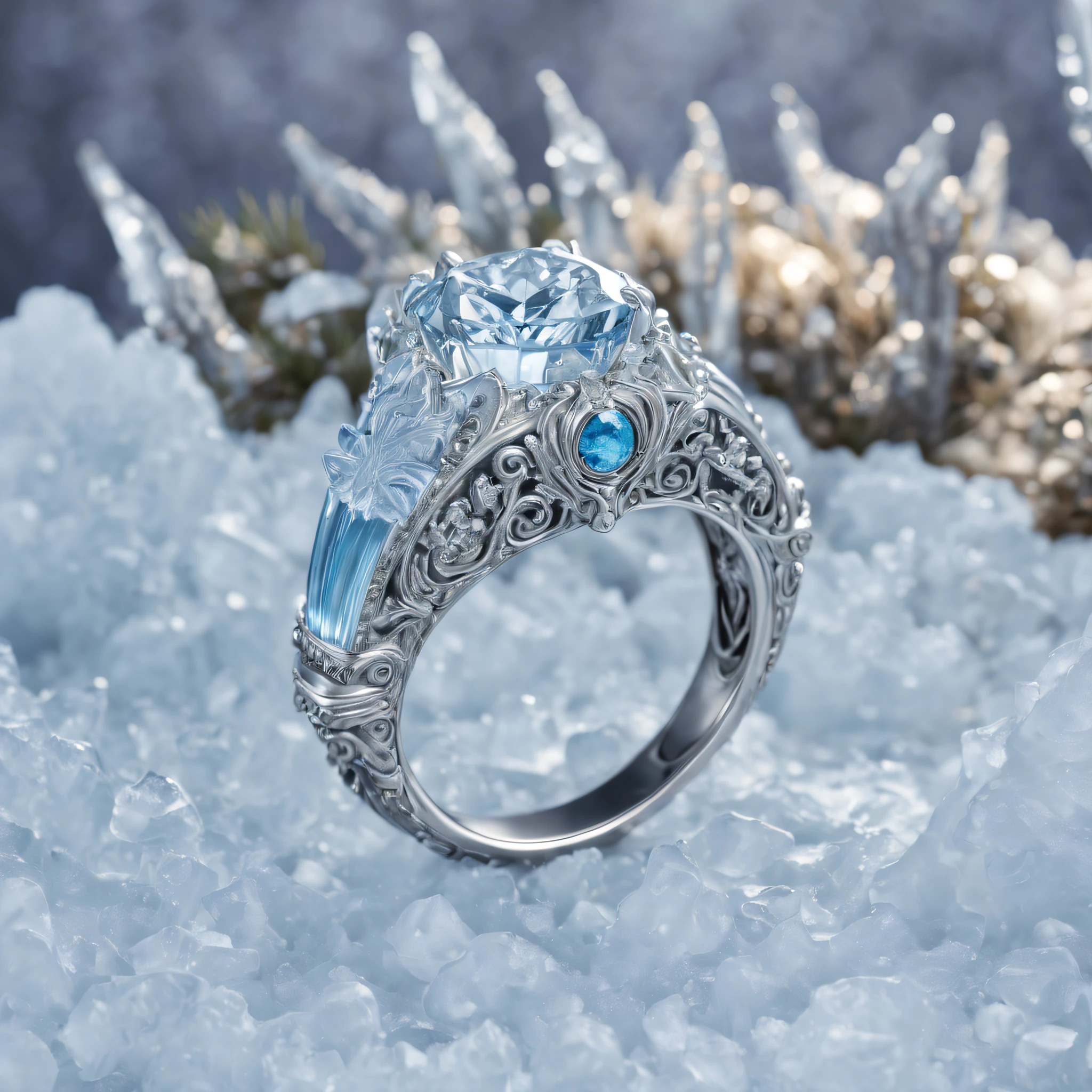 (8K, 16 K, Award-winning, Highest Quality, Top resolution, Super Detail, high detailing, Anatomically correct, masutepiece, stunning beauty), (Metal Ring: 1.3), (Icicles are growing from the ring :1.5), Manly Ring, detailed ornament, Snowflake Carving, Master Craftsmanship, Legendary rings, Very rare, Intricate details, The ring is made of a metal called orichacam, No Gems, ( Inside the ring is engraved with ancient characters: 1.2), Perfect circle, platinum, Trapped in an icy world, blanche, gold, Silver