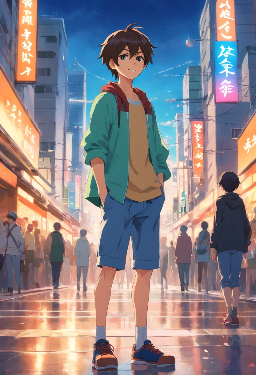 A boy, transformed into an anime style, with exaggerated unique facial features and clothing, standing on a bustling city street, backlit background highlighting the subject, high-contrast colors, 4K high-definition quality，young, smiling, handsome