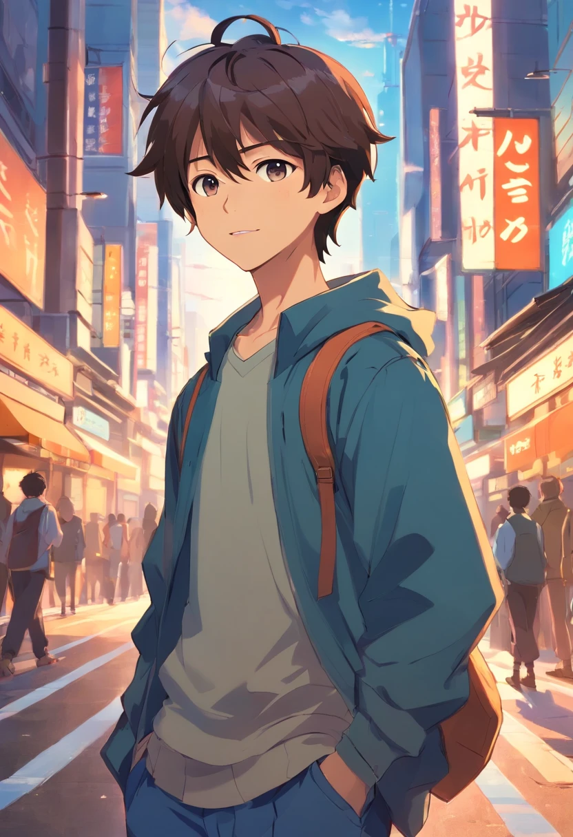 A boy, transformed into an anime style, with exaggerated unique facial features and clothing, standing on a bustling city street, backlit background highlighting the subject, high-contrast colors, 4K high-definition quality,young, smiling, handsome