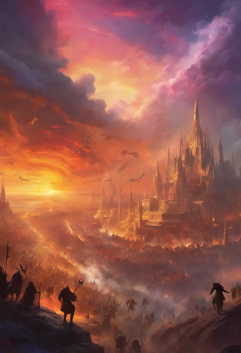 Crowd of orcs, flying demons, rainbows in the sky, city on fire,