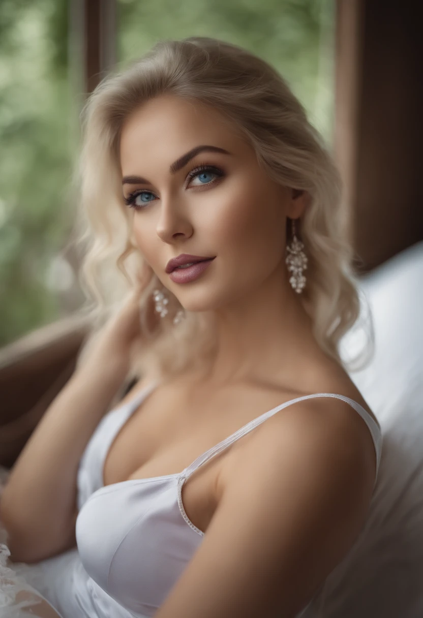 arafed frau voll , Sexy girl with blue eyes, ultra realistisch, Akribisch detailliert, portrait sophie mudd, blonde hair and large eyes, Selfie einer jungen Frau, Augen im Auto, Violet Myers, ohne Make-up, Natural makeup, Blick direkt in die Kamera, Gesicht mit Artgram, dezentes Make-up, Stunning full body shot, die auf dem Bett kniet, im Schlafzimmer, medium to large bust size