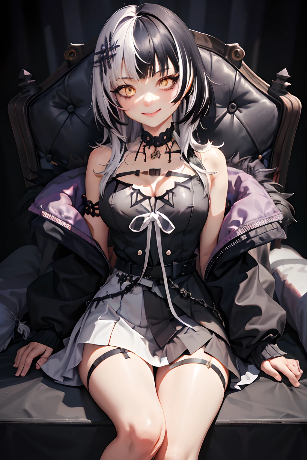 masterpiece, best quality, absurdres, perfect anatomy, 1girl, solo, ShioriNovella, split-color hair, hair ornament, choker, black dress with white ribbon, black jacket, off shoulder, belt, asymmetrical legwear, smile, bright eyes, crazy eyes, make-up, sitting, throne, crossed legs, large breasts, detailed background, room, blushing
