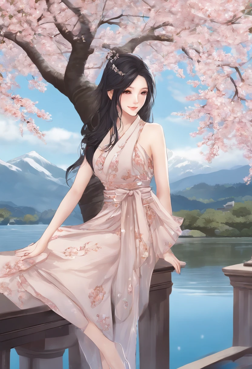 best quality, (masterpiece:1.2), illustration, absurdres, (1girl, solo), (beautiful detailed girl), Lady Hayakawa, black hair, long hair, blue eyes, small breasts, hair ornament, aqua dress, grey boots, distant mountains, cherry trees, cherry blossom, petals, japanese architecture, river,, looking at viewer, gentle smile, blush, (crossed legs:1.2), from behind,1girl, nsfw,. (arms_up), (countless numerous large tentacle binding pussy), spread_legs wet pussy