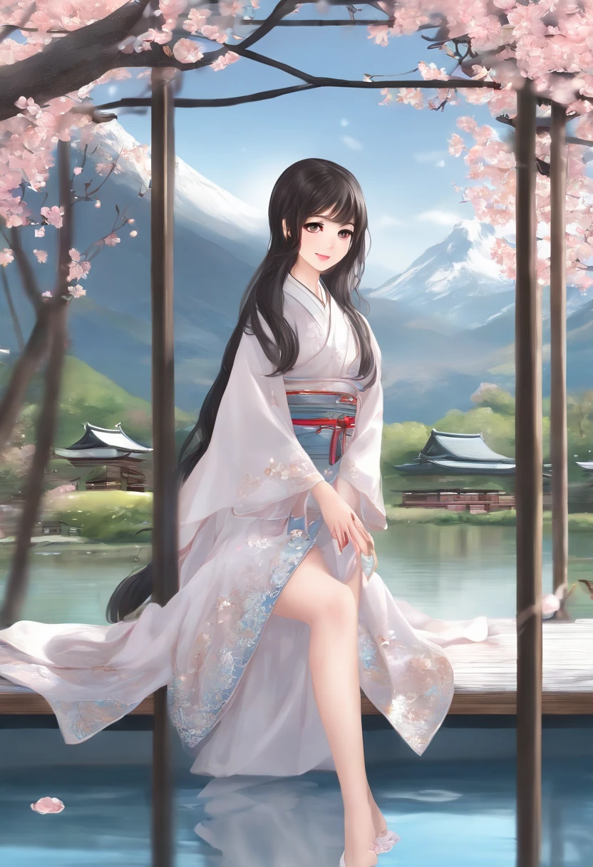 best quality, (masterpiece:1.2), illustration, absurdres, (1girl, solo), (beautiful detailed girl), Lady Hayakawa, black hair, long hair, blue eyes, small breasts, hair ornament, aqua dress, grey boots, distant mountains, cherry trees, cherry blossom, petals, japanese architecture, river,, looking at viewer, gentle smile, blush, (crossed legs:1.2), from behind,1girl, nsfw,. (arms_up), (countless numerous large tentacle binding pussy), spread_legs wet pussy
