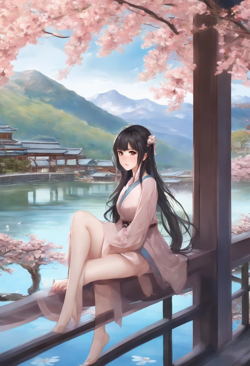 best quality, (masterpiece:1.2), illustration, absurdres, (1girl, solo), (beautiful detailed girl), Lady Hayakawa, black hair, long hair, blue eyes, small breasts, hair ornament, aqua dress, grey boots, distant mountains, cherry trees, cherry blossom, petals, japanese architecture, river,, looking at viewer, gentle smile, blush, (crossed legs:1.2), from behind,1girl, nsfw,. (arms_up), (countless numerous large tentacle binding pussy), spread_legs wet pussy