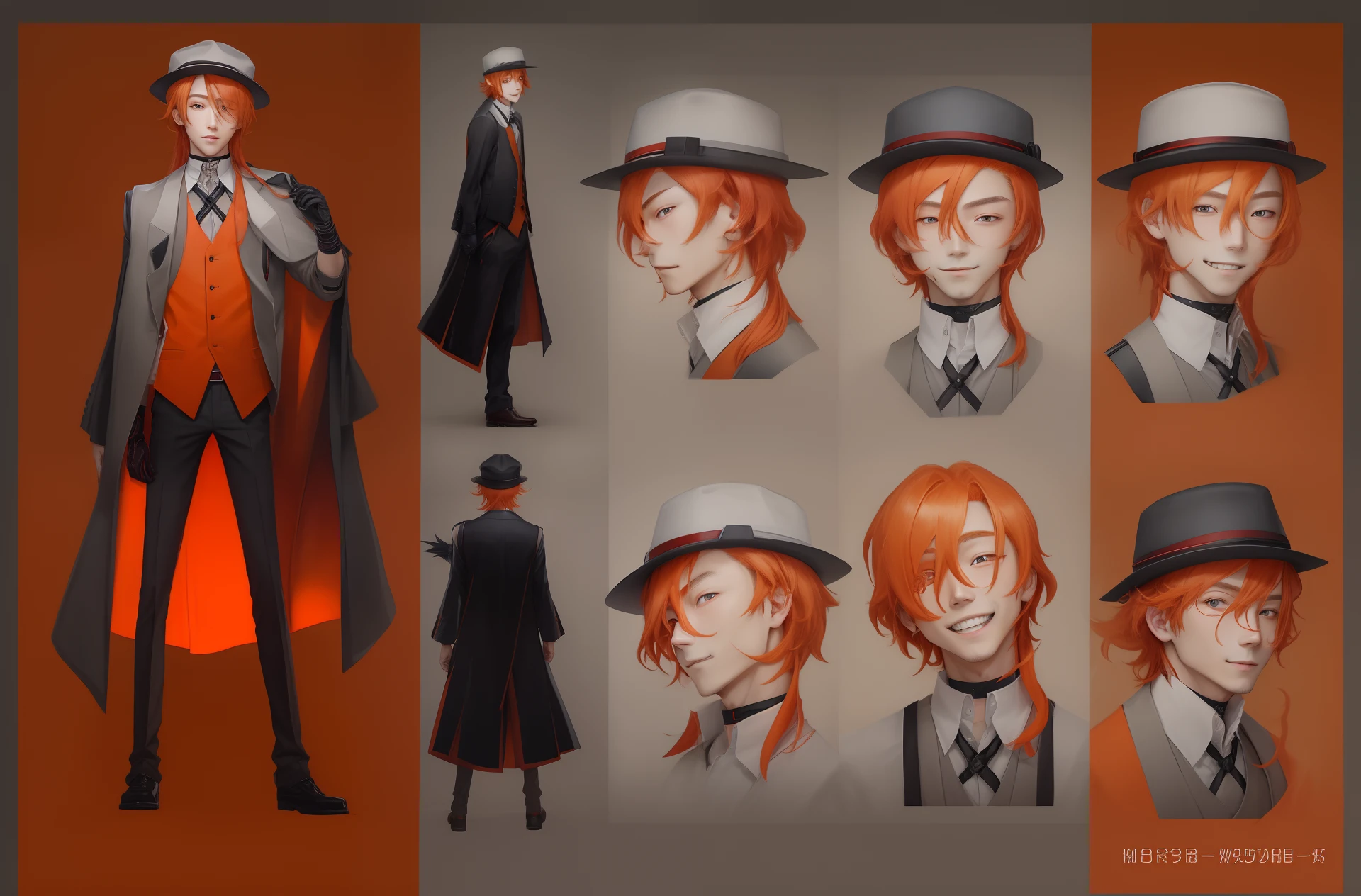 1boy, Orange hair,Tadaya Nakahara,Long hair,hat, grey  eyes, Choker, deep eye,vests, red glowing, Looking at Viewer, Smile, Fedora, Standing, Black Gloves, Pants, (Red) outline, Powers, Red lightning, (masutepiece), (Best Quality:1), Dynamic Angle,