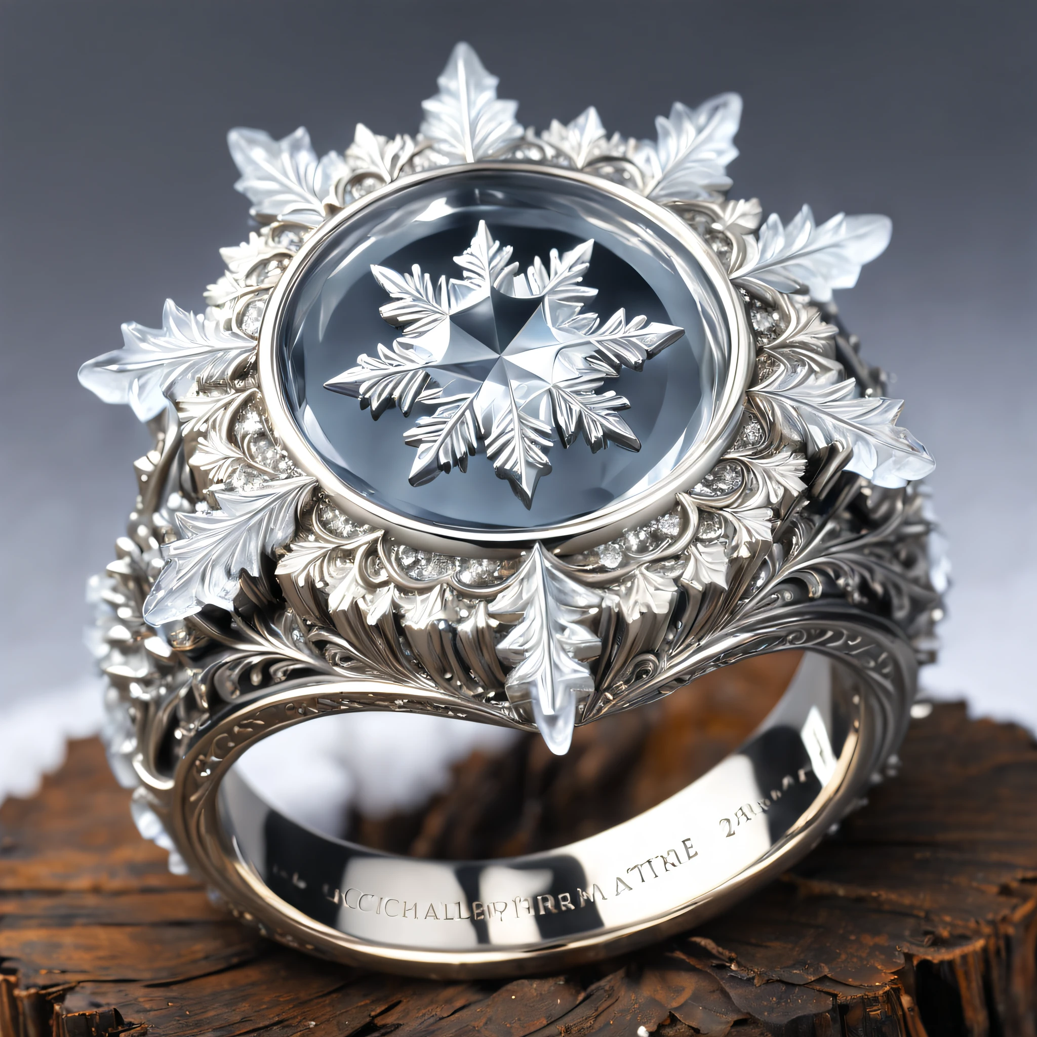 (8k, 16k, award-winning, highest quality, highest resolution, super detail, high detail, anatomically correct, masterpiece, stunning beauty), (metal ring: 1.3), (Icicles are growing from the ring :1.5), Manly ring, Detailed decoration, Snowflake carving, Master craftsmanship, Legendary ring, Very rare, Intricate details, The ring is made of a metal called orichalcum, No gemstones, ( The inside of the ring is engraved with ancient characters: 1.2), Perfect circle, platinum, trapped in a world of ice, white, gold, and silver.