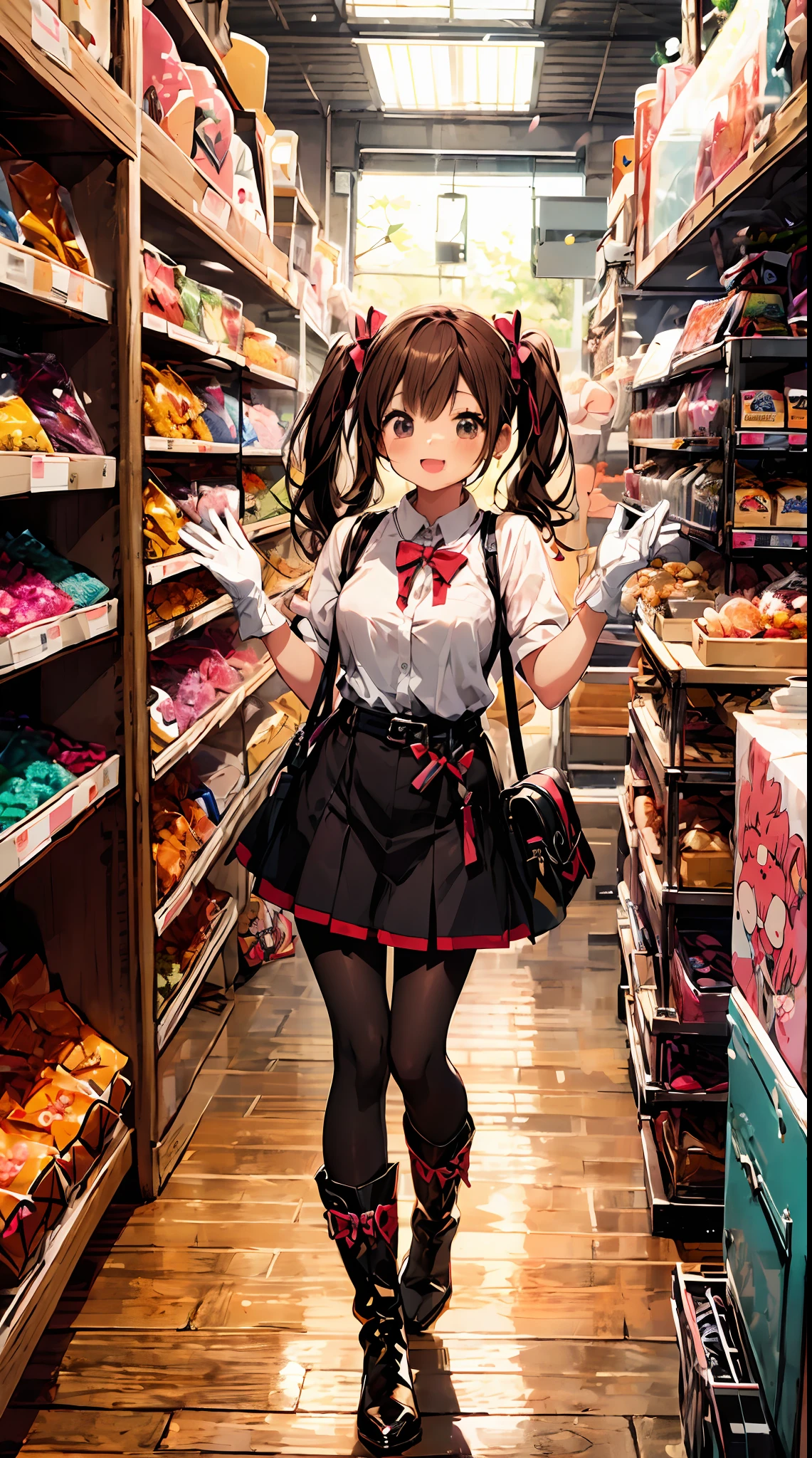 (Cute:1.5),(Chibi:0.8),(kawaii:2.0),(Lori:2.0),(7 year old girl),(Solo:1.65),BREAK, (flat chest:1.2,), Clear skin, Beautiful skin, Shy,Errand Tyke,One Beautiful Girl,Colossal tits(Hair Bow, reddish brown hair, Twin-tailed:1.2), (Brown eyes, long eyelashes, Double eyelids: 1.2), Shiny skin, BREAK, Star \(symbol\, (gloves, White Gloves:1.3), Red velvet sweater, Black leather pants, Gold Bracelet,,Looking at Viewer,(Leather boots:1.2),BREAK,from the front side, Dynamic Angle,plein air,(Happy,:D,Angelic smile,Jumping,Eyes are stars:1.3),BREAK,(Indoor,Candy Store,Japan buildings,Commodity shed,Candy on the shelf,shop front,Elderly woman sitting at counter,Sliding glass door:1.2),(I have hands full of candy,is standing,Jumping:1.3),BREAK,wakame,wakame,wakame,(Highly detailed CG Unity 8k wallpaper),(Best Quality, Very detailed, Colorful, Highest detail),(Super Detail),(Best Illustration),(Best Shadow),POV,Realistic lighting and shading,Natural light,Lens flare effect,absurderes,absolutely resolution,unbelievable Ridiculous,hight resolution,ultra-detailliert,Official art,unity 8k,Kinetic Typography Break