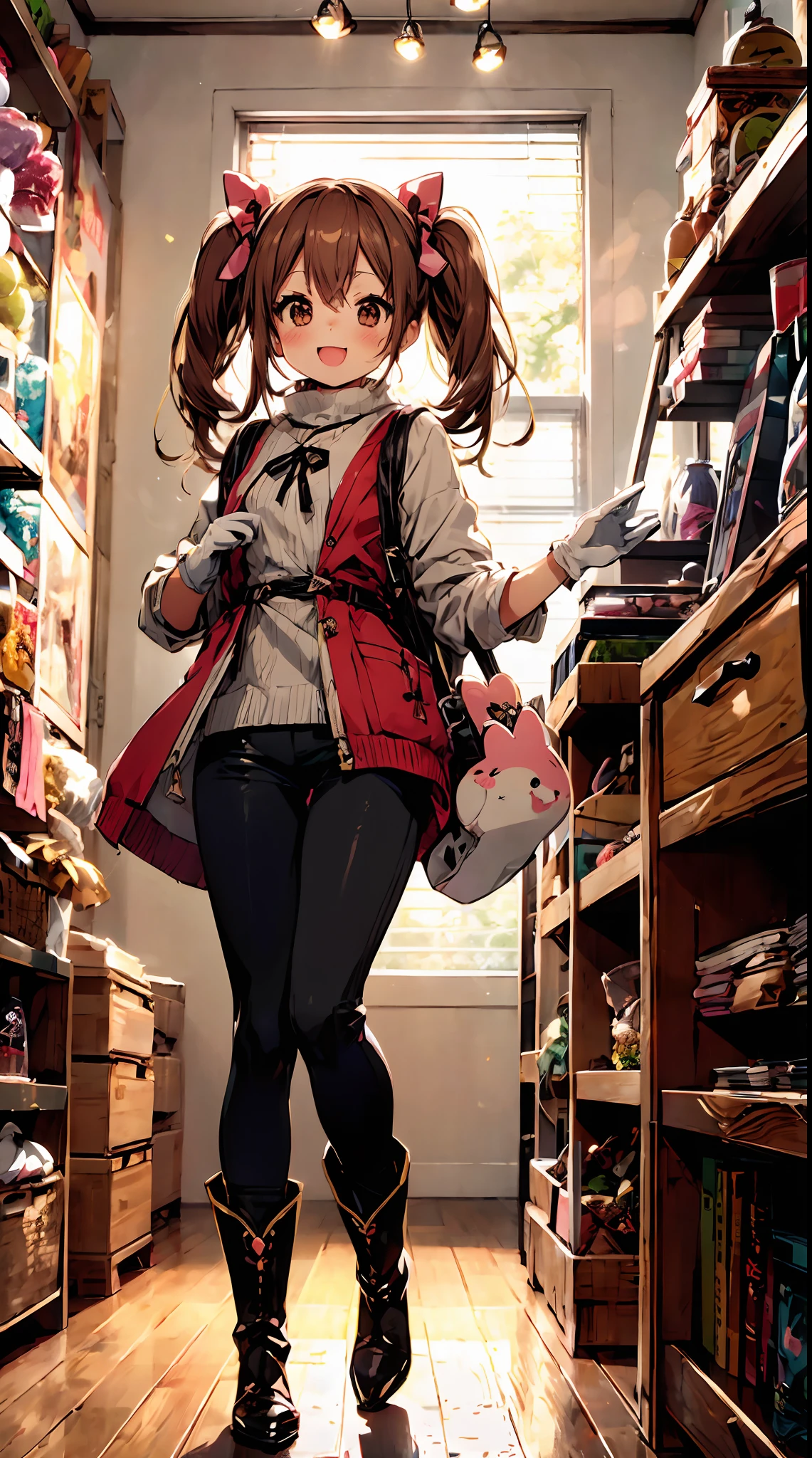 (Cute:1.5),(Chibi:0.8),(kawaii:2.0),(Lori:2.0),(7 year old girl),(Solo:1.65),BREAK, (flat chest:1.2,), Clear skin, Beautiful skin, Shy,Errand Tyke,One Beautiful Girl,Colossal tits(Hair Bow, reddish brown hair, Twin-tailed:1.2), (Brown eyes, long eyelashes, Double eyelids: 1.2), Shiny skin, BREAK, Star \(symbol\, (gloves, White Gloves:1.3), Red velvet sweater, Black leather pants, Gold Bracelet,,Looking at Viewer,(Leather boots:1.2),BREAK,from the front side, Dynamic Angle,plein air,(Happy,:D,Angelic smile,Jumping,Eyes are stars:1.3),BREAK,(Indoor,Candy Store,Japan buildings,Commodity shed,Candy on the shelf,shop front,Elderly woman sitting at counter,Sliding glass door:1.2),(I have hands full of candy,is standing,Jumping:1.3),BREAK,wakame,wakame,wakame,(Highly detailed CG Unity 8k wallpaper),(Best Quality, Very detailed, Colorful, Highest detail),(Super Detail),(Best Illustration),(Best Shadow),POV,Realistic lighting and shading,Natural light,Lens flare effect,absurderes,absolutely resolution,unbelievable Ridiculous,hight resolution,ultra-detailliert,Official art,unity 8k,Kinetic Typography Break