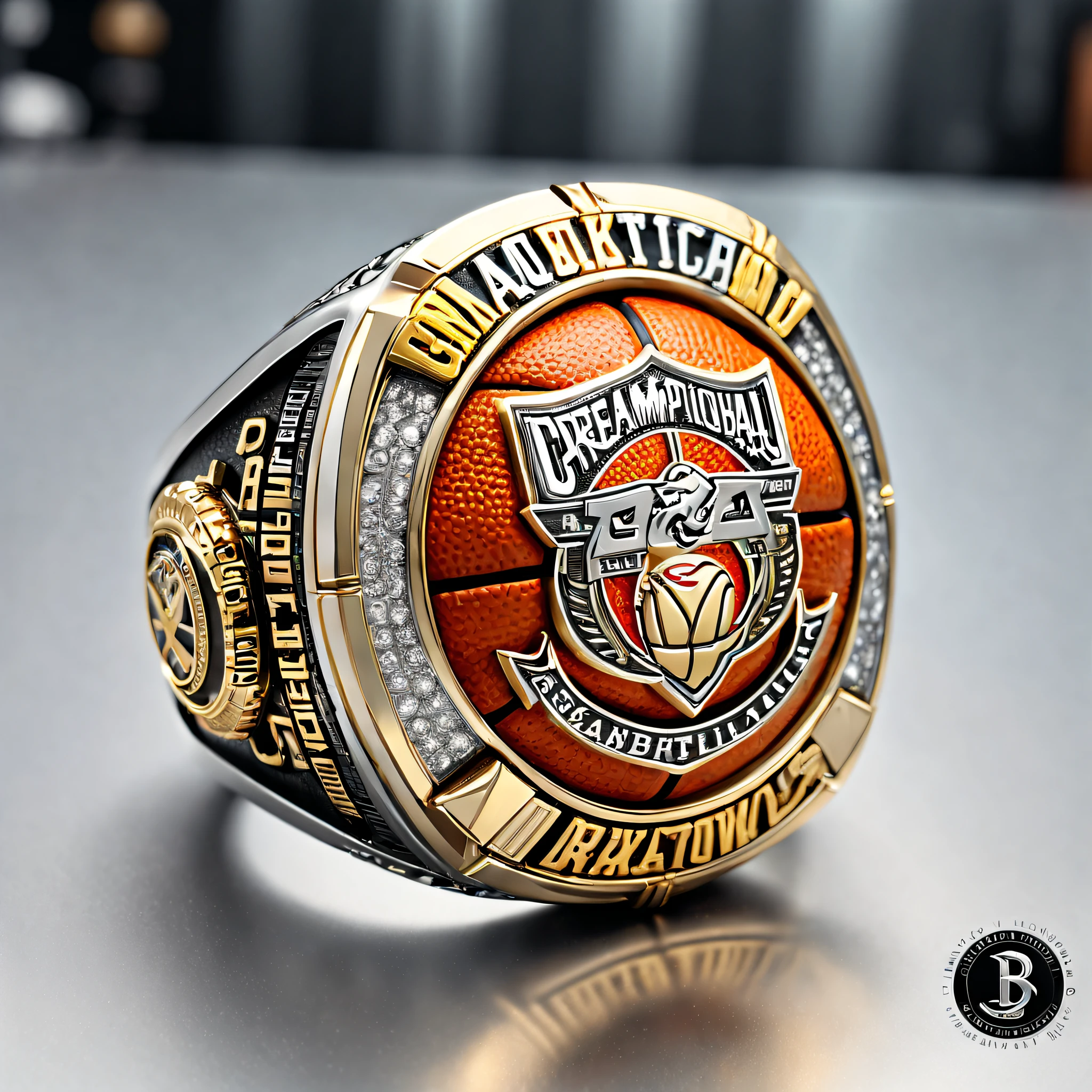 (8K, 16 K, Award-winning, Highest Quality, Top resolution, Super Detail, high detailing, Anatomically correct, masutepiece, stunning beauty), (Metal Ring: 1.3),The championship ring of the overwhelmingly powerful basketball team, featuring team colors and team logo, detailed engraving, case, overwhelming shine, and a proud ring,(beautiful: 1.2), dreamlikeart, ultra-detailed photographic realism by Gregg Lutkowski, (film gray: 1), high resolution, sharp focus , contrast, intricate detail, airglow, refracted lighting , Unreal Engine 5, concept photography, octane rendering, CGsociety trends, color smoke, crazy detail, fantasy detail, intricate detail, super detail,