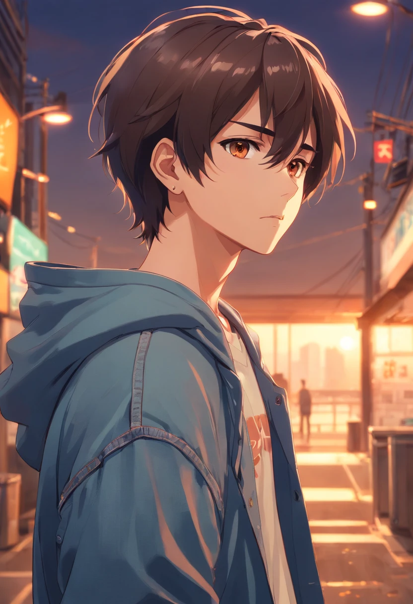 male character, 32years old, A dark-haired, brown-eyed, earrings in the ears, beautidful eyes, Sundown, hooded sweatshirt, arm tatoo, Denim Jeans Pants.Frontal posture