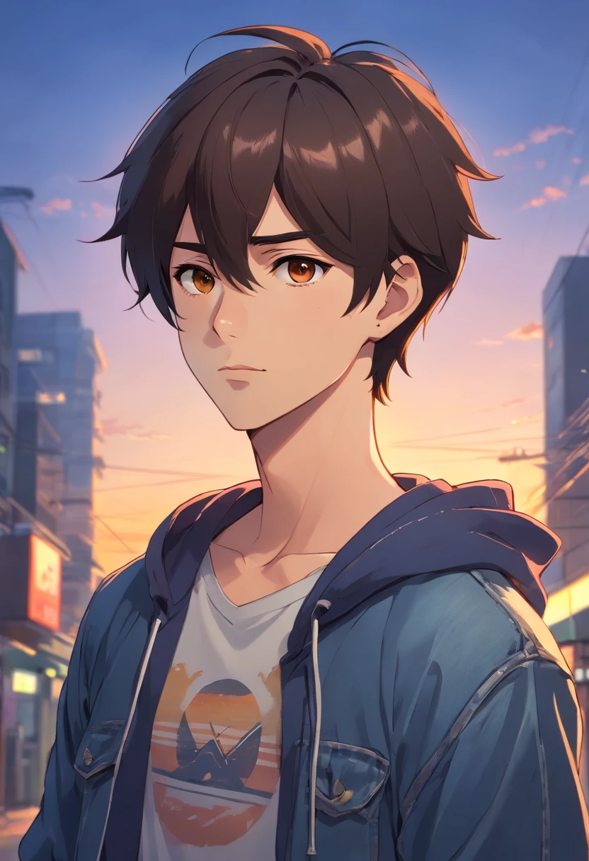 male character, 32years old, A dark-haired, brown-eyed, earrings in the ears, beautidful eyes, Sundown, hooded sweatshirt, arm tatoo, Denim Jeans Pants.Frontal posture