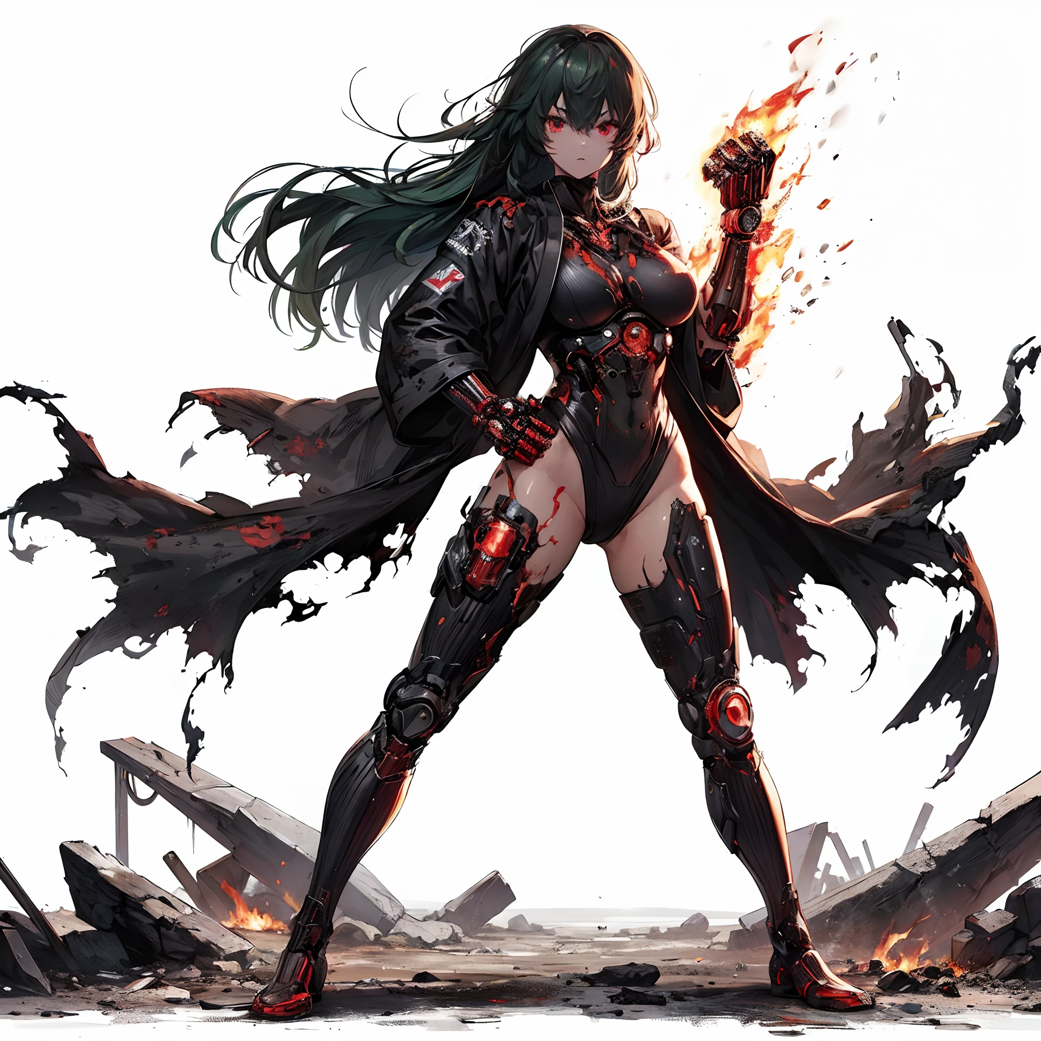 (Masterpiece, best quality), (perfect athlete body:1.2), (detailed hair), ultra-detailed, anime style, full body, cyberpunk KARATE girl, sea green Japanese hair style and red eyes, wearing cyber kimono, burning fist, burnt mechanical limbs, burning hole in the chest, standing on the wasteland, wearing karate boots, 8k high resolution, white background, whole body,