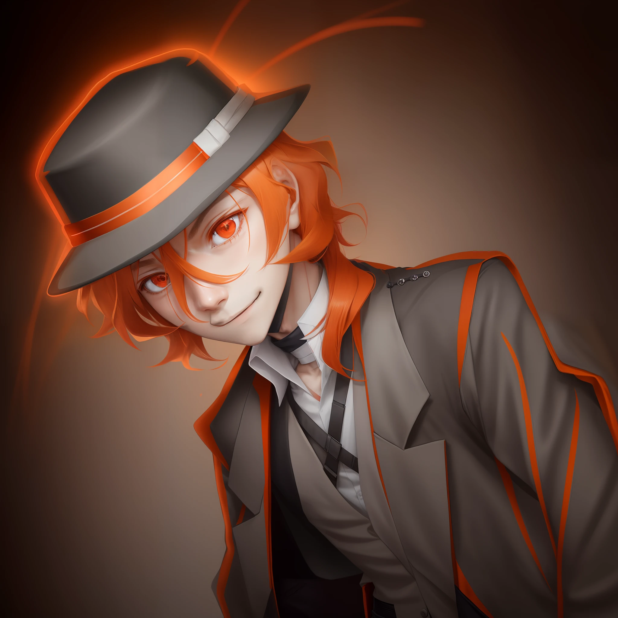 1boy, Orange hair,Tadaya Nakahara,Long hair,hat, grey  eyes, Choker, deep eye,vests, red glowing, Looking at Viewer, Smile, Fedora, Standing, Black Gloves, Pants, (Red) outline, Powers, Red lightning, (masutepiece), (Best Quality:1), Dynamic Angle,
