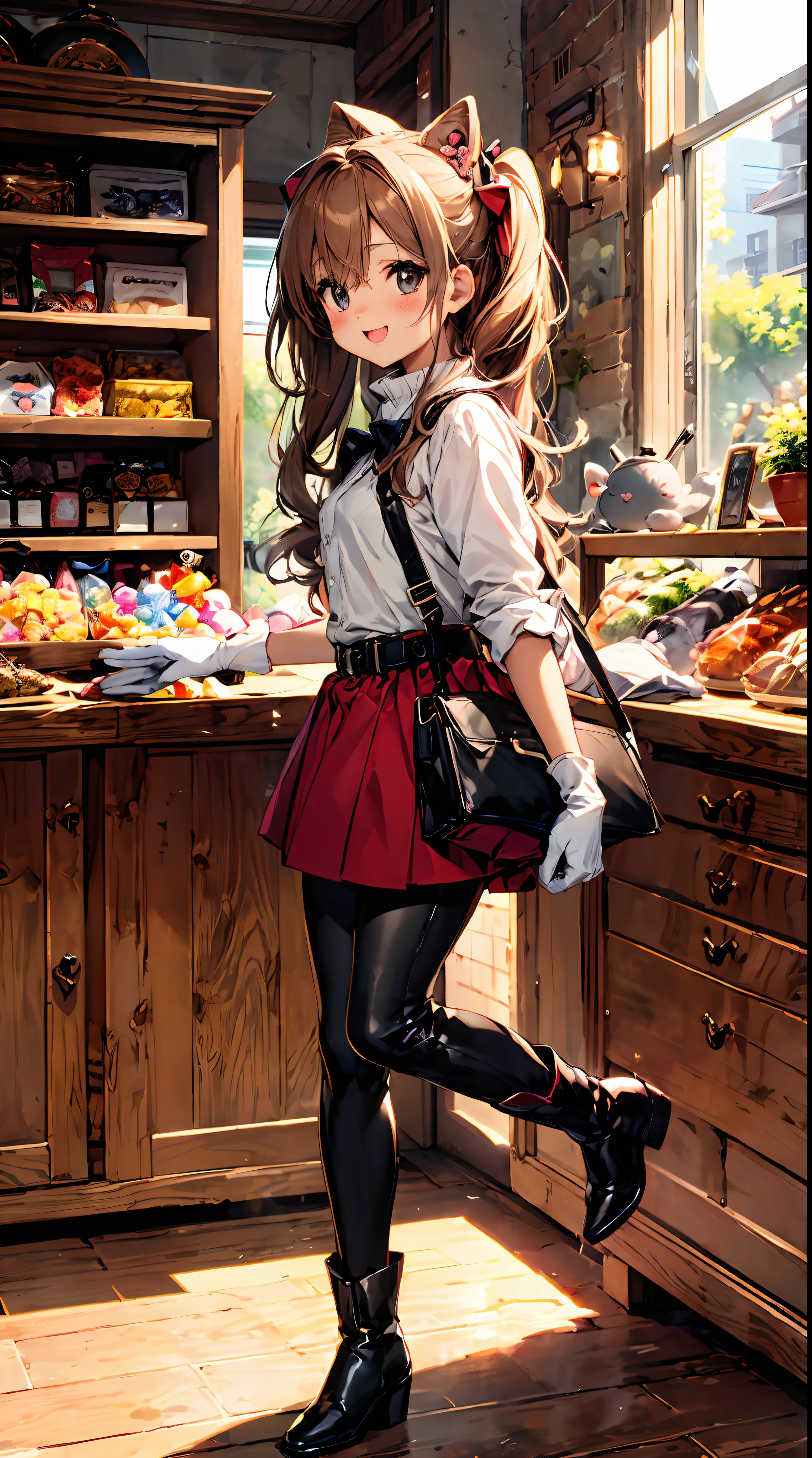 (Cute:1.5),(Chibi:0.8),(kawaii:2.0),(Lori:2.0),(7 girl),(Solo:1.65),BREAK, (flat chest:1.2,), Clear skin, Beautiful skin, Shy,Errand Tyke,One Beautiful Girl,Colossal tits(Hair Bow, reddish brown hair, Twin-tailed:1.2), (Brown eyes, long eyelashes, Double eyelids: 1.2), Shiny skin, BREAK, Star \(symbol\, (gloves, White Gloves:1.3), Red velvet sweater, Black leather pants, Gold Bracelet,,Looking at Viewer,(Leather boots:1.2),BREAK,from the front side, Dynamic Angle,plein air,(Happy,:D,Angelic smile,Jumping,Eyes are stars:1.3),BREAK,(Indoor,Candy Store,Japan buildings,Commodity shed,Candy on the shelf,shop front,Elderly woman sitting at counter,Sliding glass door:1.2),(I have hands full of candy,is standing,Jumping:1.3),BREAK,wakame,wakame,wakame,(Highly detailed CG Unity 8k wallpaper),(Best Quality, Very detailed, Colorful, Highest detail),(Super Detail),(Best Illustration),(Best Shadow),POV,Realistic lighting and shading,Natural light,Lens flare effect,absurderes,absolutely resolution,unbelievable Ridiculous,hight resolution,ultra-detailliert,Official art,unity 8k,Kinetic Typography Break