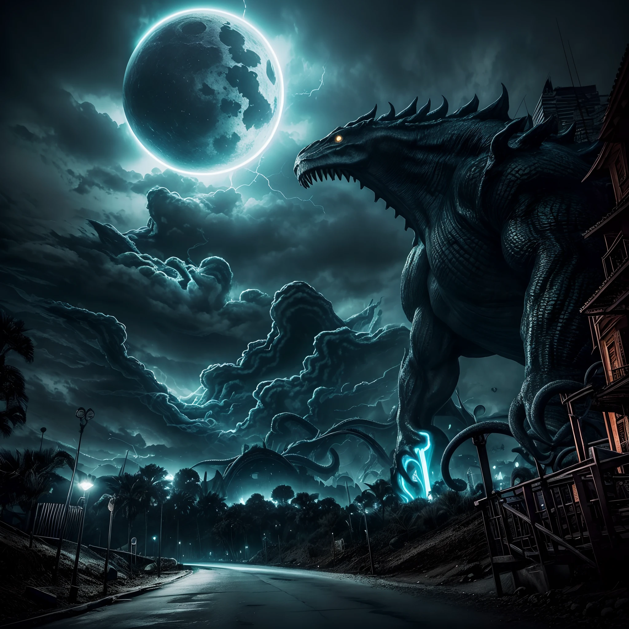 (best quality,Alto:1.2),ultra-detalhado,Realistic:1.37,monstro da luz azul,olhos brilhantes,dentes afiados,menacing appearance,Dark and sinister scenery,Transmission of light beams,sombras espessas,nevoeiro misterioso,atmosfera assustadora,texturas ricas em detalhes,dynamic pose,silhueta monstruosa,Paisagem urbana noturna,Skyline da cidade ao fundo,Menacing tentacles emerging from the monster's back,capturado em um momento de suspense,vivid colors,dramatic lighting effects,Ambiente assustador,aesthetics of horror