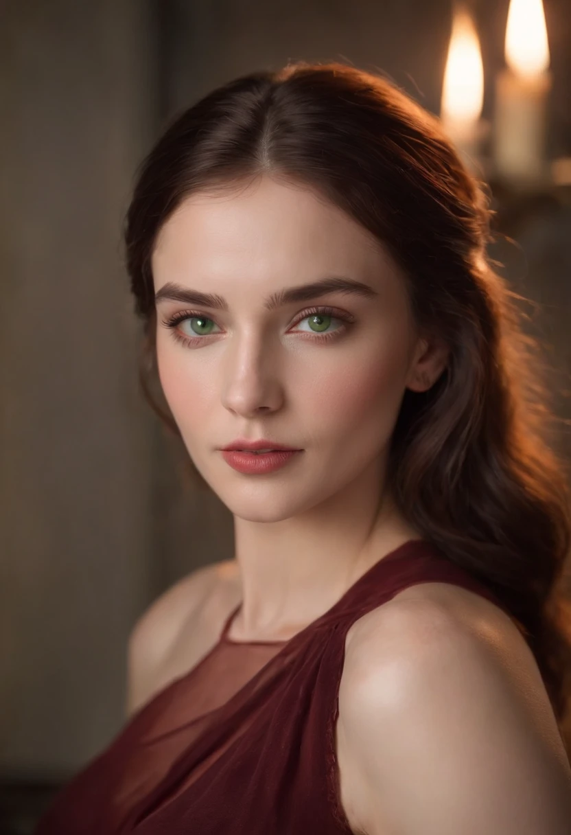 (((A deep reddish scar runs across her left cheek))) light skinned, Women around 19 years old, Natural gray hair, Distinctive green eyes, Wearing Cole, slender and graceful,, Beautiful, Candlelight in medieval atmosphere, Ultra Sharp Focus, realistic shot, Women's clothing in the Middle Ages, Tetradic color,barechested (Scar:1.4)