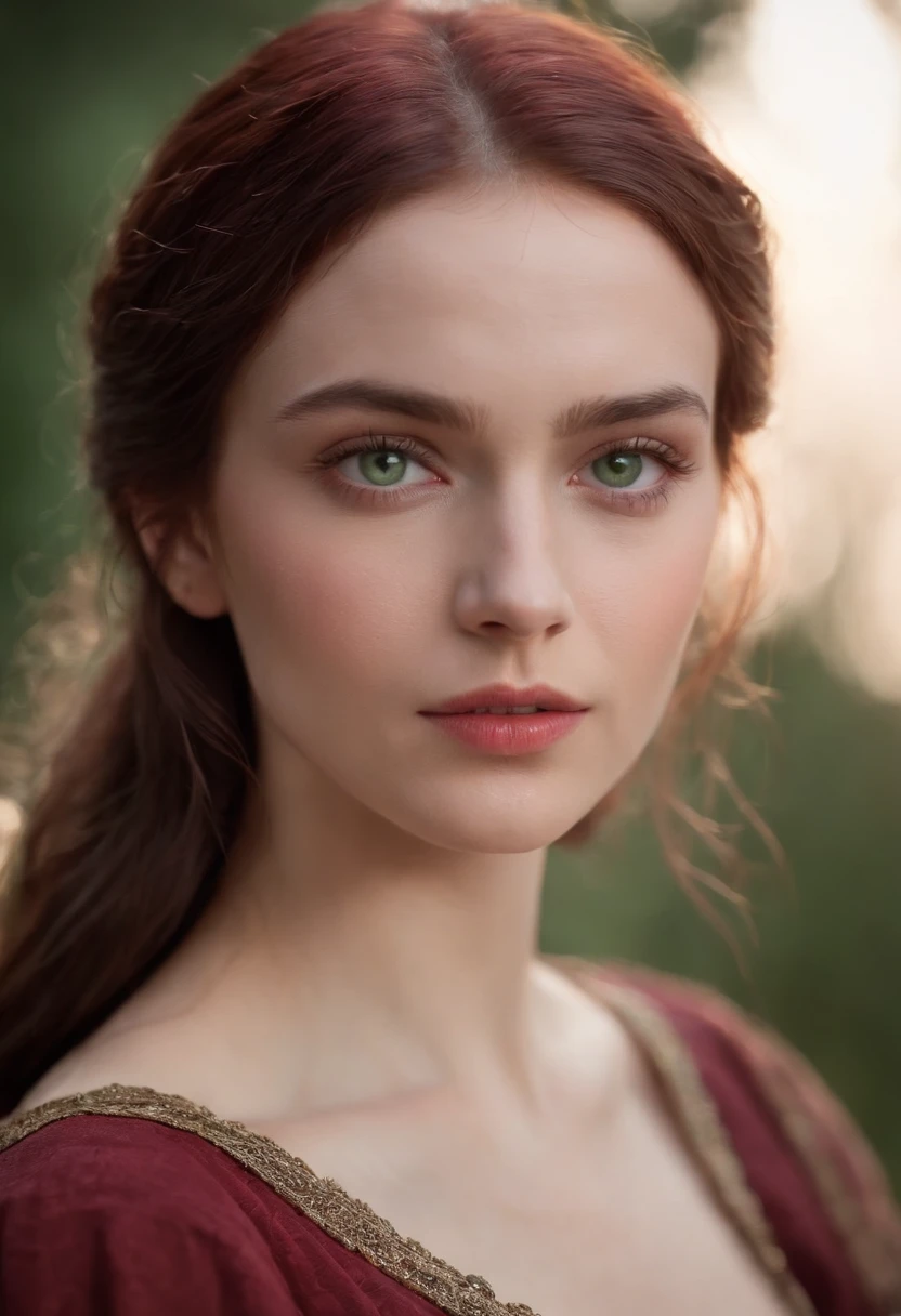 (((A deep reddish scar runs across her left cheek))) light skinned, Women around 19 years old, Natural gray hair, Distinctive green eyes, Wearing Cole, slender and graceful,, Beautiful, Candlelight in medieval atmosphere, Ultra Sharp Focus, realistic shot, Women's clothing in the Middle Ages, Tetradic color,barechested (Scar:1.4)