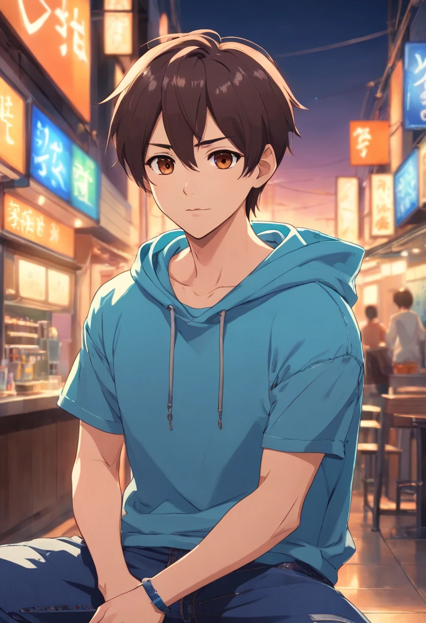 male character, 32years old, A dark-haired, Brown-eyed, earrings in the ears, beautidful eyes, hooded sweatshirt, arm tatoo, Denim Jeans Pants,full bodyesbian,De front
