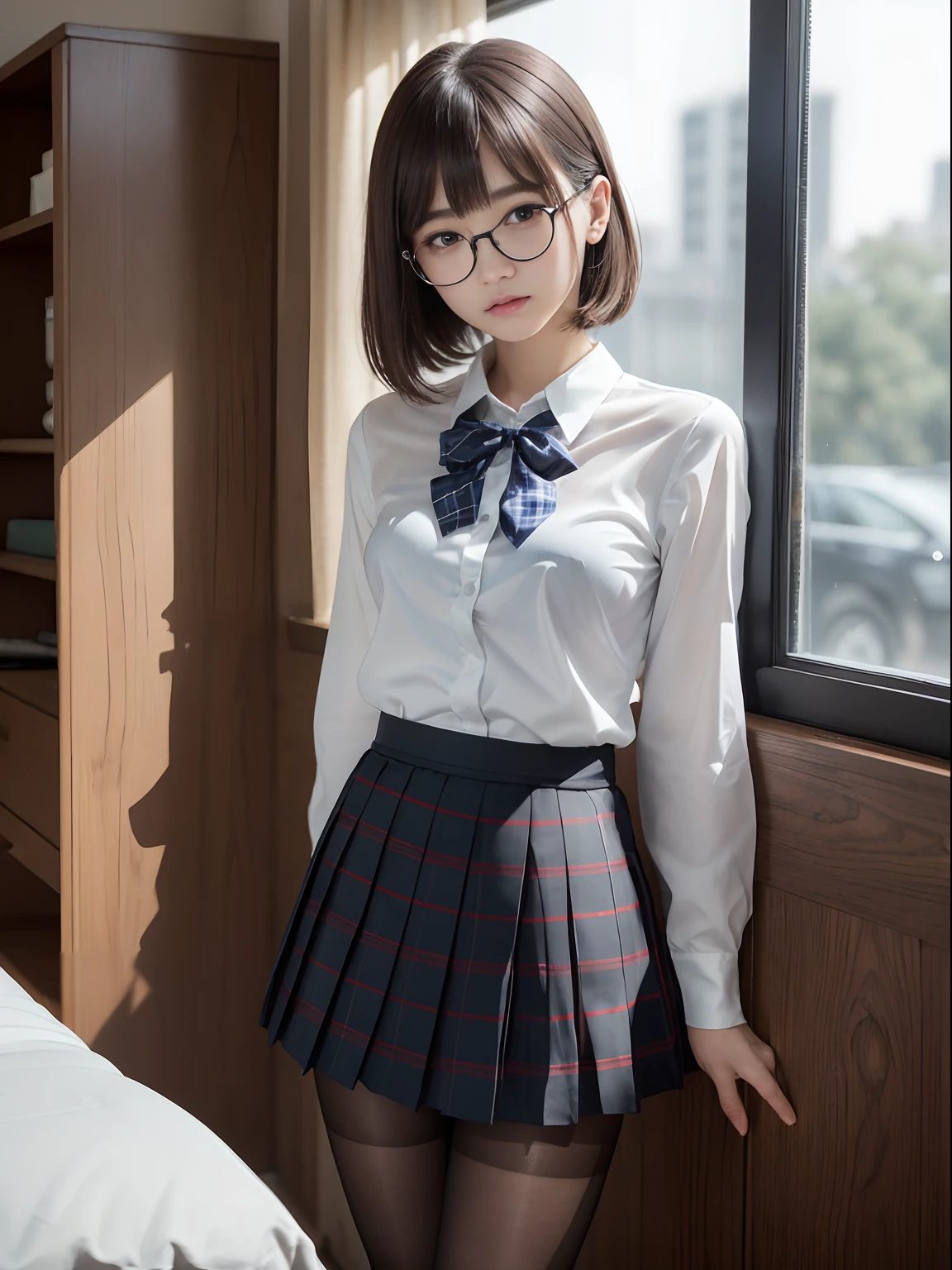 (Long bob cut),(Underwear is visible),(8K、Raw photography、top-quality、masterpiece:1.2),((small tits))、((small tits))、((small tits))、((small tits))、((small tits))、((A-cup))、((A-cup))、((A-cup))、((A-cup))、((A-cup))、Has a small、(flat breast)、(flat breast)、(flat breast)、(flat breast)、(flat breast)、(being thin)、Rasping,glamor,Chromo-white skin,cocky,School,watching at viewers,Looking at the front,Muchimuchi,High-pitched clothing,Erotic,Pupils,de pele branca,kne,((Black pantyhose)),absurderes,a small face,,Forehead visible,Bangs hanging from the left and right sides of the forehead,(a cold expression,Tight eyes,glares,Bullish,irate)、masterpiece,top-quality、超A high resolution,Raw photo,ren,Beautiful fece,One Person, 独奏,eye glass,,Dark look,Small breasts,fullllbody,Round glasses,JK school uniform,hi-school girl,A Japanese Lady,is standing,(Photorealsitic:1.37)、Photon mapping,Realistic、Beautie,Cute little face,Brown-eyed、Black socks、(Red bow tie)、Radio City、Physically Based Rendering、depth of fields、Blurry background、a picture,Body,beauty legs, Long legs, Thin leg,(Bangs are visible), hair, s lips, Blue_The eye, nosesoft,(Light blue shirt), (Navy and blue and white plaid pleated skirt), Knees are visible,Sheer clothing,, Thigh, Black cotton socks,Nogizaka Idol, 女優, Japanese ido