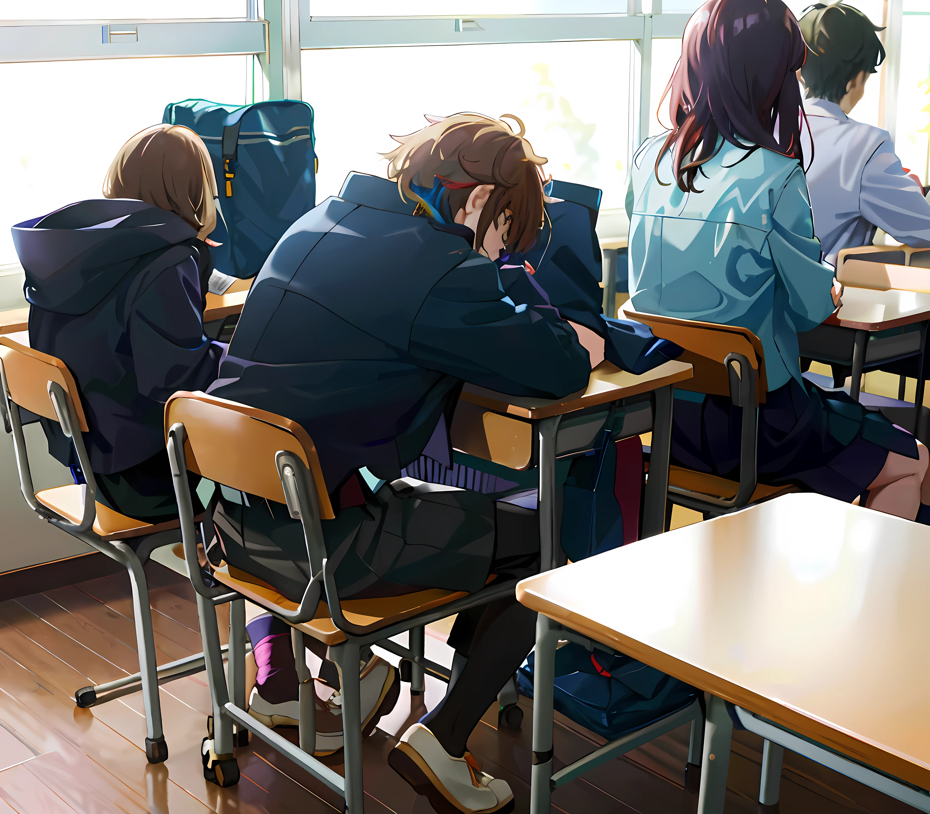 Students sitting at desks in classroom, leaning his back against the wall, Japanese High School, school classroom, Study in a brightly lit room, wearing japanese school uniform, in the school classroom, sitting in the classroom, in class, high school, Student, Typical anime class, Japan School Uniform, Shutterstock, iStock, sat at his desk, Jin Kim