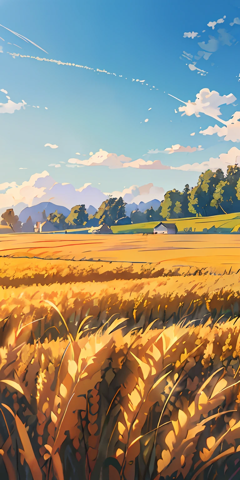 there is a painting of a field of wheat with a house in the distance, anime countryside landscape, detailed scenery —width 672, country landscape, landscape illustration, anime background art, anime landscape, summer field, wheat fields, sunny landscape, immense wheat fields, by Franz Hegi, detailed fields nature, a beautiful landscape, atey ghailan 8 k