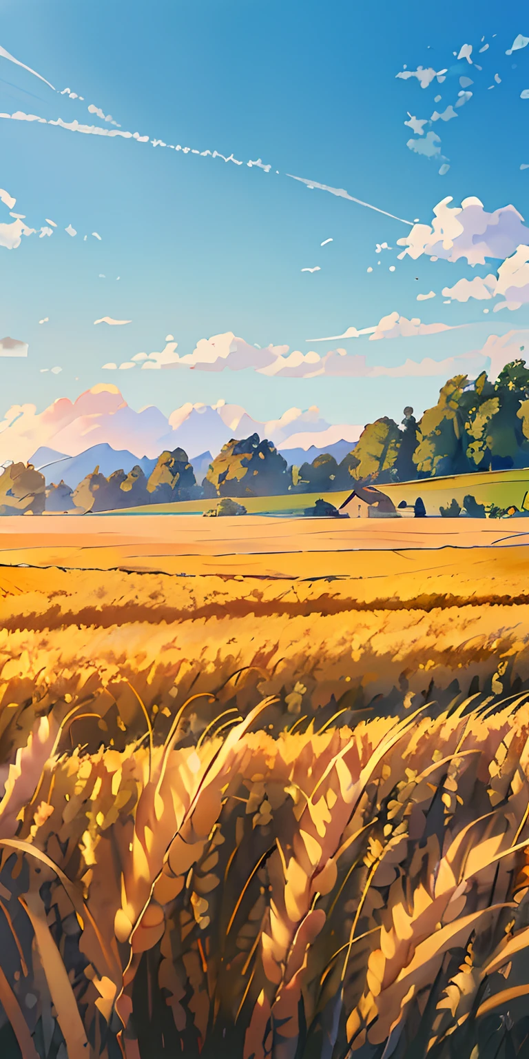 there is a painting of a field of wheat with a house in the distance, anime countryside landscape, detailed scenery —width 672, country landscape, landscape illustration, anime background art, anime landscape, summer field, wheat fields, sunny landscape, immense wheat fields, by Franz Hegi, detailed fields nature, a beautiful landscape, atey ghailan 8 k