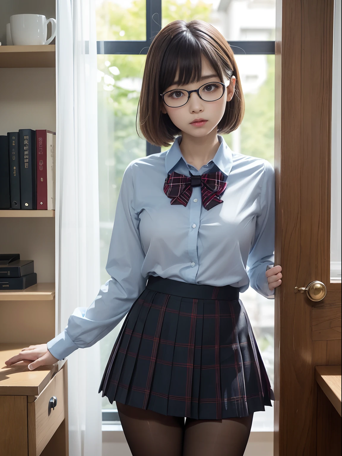 (Long bob cut)、(Underwear is visible)、((Narrow-eyed))、((Narrow-eyed))、((Narrow-eyed))、(8K、Raw photography、top-quality、masterpiece:1.2),((small tits))、((small tits))、((small tits))、((small tits))、((small tits))、((A-cup))、((A-cup))、((A-cup))、((A-cup))、((A-cup))、Has a small、(flat breast)、(flat breast)、(flat breast)、(flat breast)、(flat breast)、(being thin)、light skinned、skin whitening、Dark look、Rasping,glamor,Chromo-white skin,cocky,School,watching at viewers,Looking at the front,Muchimuchi,High-pitched clothing,Erotic,Pupils,de pele branca,kne,((Black pantyhose)),absurderes,a small face,,Forehead visible,Bangs hanging from the left and right sides of the forehead,(a cold expression,Tight eyes,glares,Bullish,irate)、masterpiece,top-quality、超A high resolution,Raw photo,ren,Beautiful fece,One Person, 独奏,eye glass,,Dark look,Small breasts,fullllbody,Round glasses,JK school uniform,hi-school girl,A Japanese Lady,is standing,(Photorealsitic:1.37)、Photon mapping,Realistic、Beautie,Cute little face,Brown-eyed、Black socks、(Red bow tie)、Radio City、Physically Based Rendering、depth of fields、Blurry background、a picture,Body,beauty legs, Long legs, Thin leg,(Bangs are visible), hair, s lips, Blue_The eye, nosesoft,(Light blue shirt), (Navy and blue and white plaid pleated skirt), Knees are visible,Sheer clothing,, Thigh, Black cotton socks,Nogizaka Idol, 女優, Japanese ido
