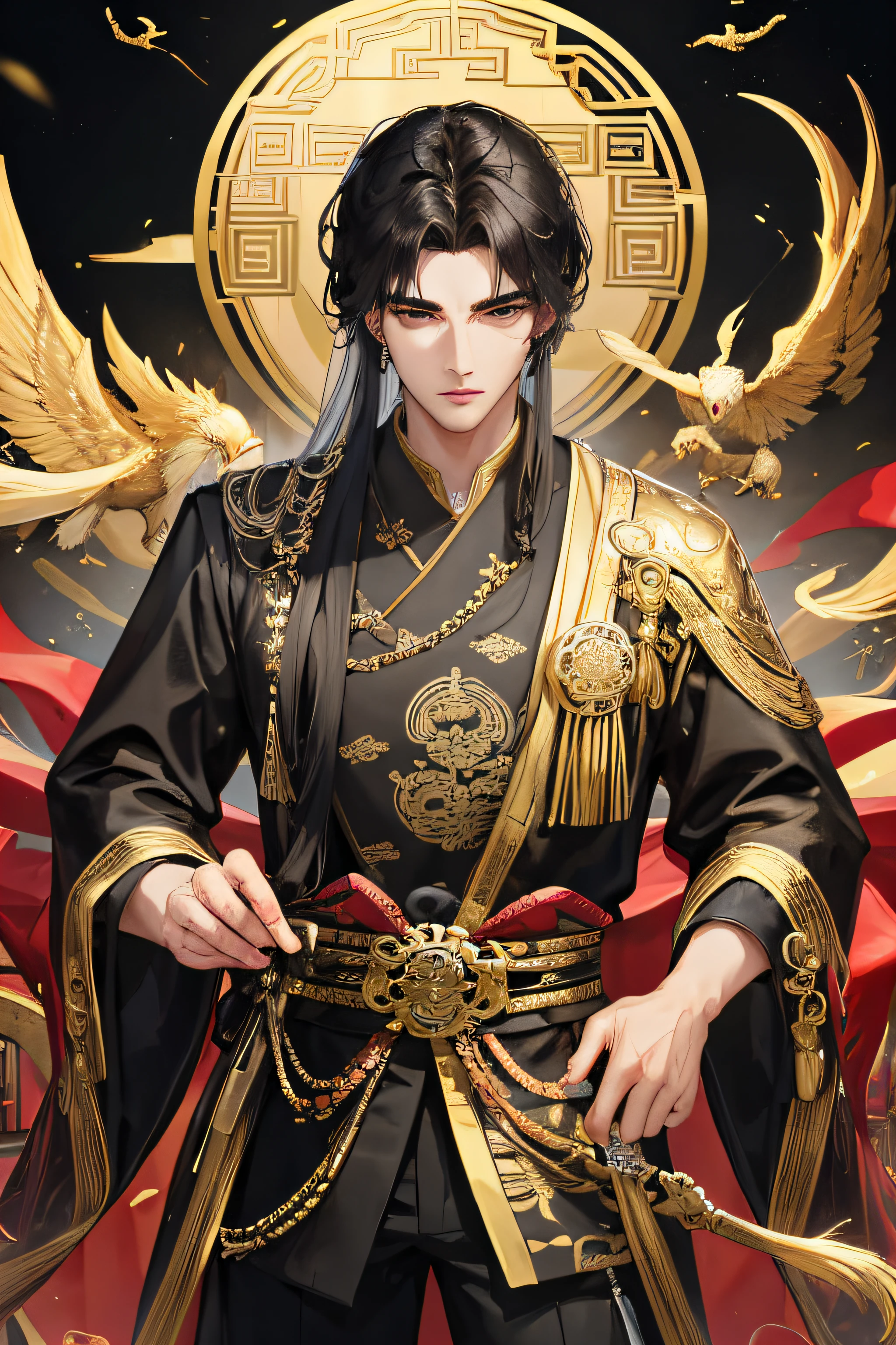 Masterpiece, Best Quality, Night, Full Moon, 1 Man, Mature Man, Ancient China, Chinese Palace, Eagle, Black Hair, Black Eyes, Split Hair, Long Hair, Long Bangs, Handsome, Mian Diao, Chinese Crown, Handsome, Masculine, Serious, Gentle, Tall, Calm, Black and Gold Alternating Clothing, Gold Pattern, Dragon Pattern, Prince, Sword Pairing, Side, Facial Details, Facial Exquisite