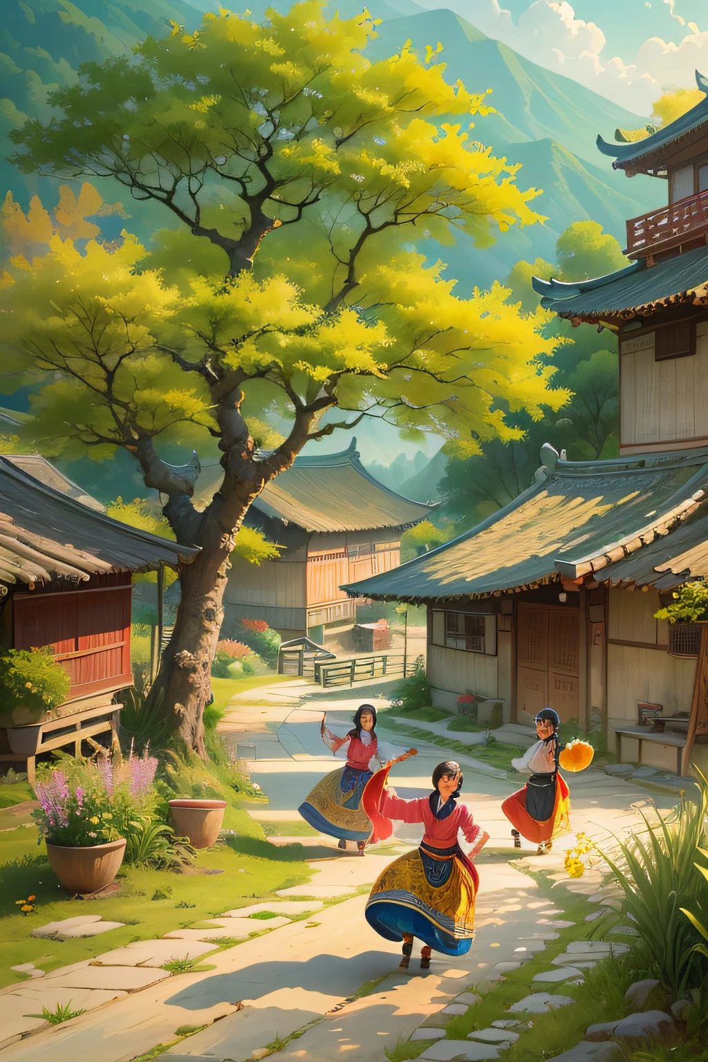 (best quality,4k,highres,ultra-detailed,masterpiece:1.2),vibrant colored,scenic,majestic,cloud-covered mountain landscape with rolling green hills and clear blue skies. The clouds gracefully float above the mountains, adding a touch of serenity to the scene.

At the foot of the distant mountains, there lies a bustling village of the Zhuang ethnic minority. The village is characterized by traditional houses with exquisite flying eaves and upturned corners, showcasing the unique architectural style of the region.

In the foreground, a group of children joyfully performs the traditional embroidery ball dance. Their colorful traditional attire sways in sync with their rhythmic movements, creating a vibrant display of cultural heritage. The children's faces are filled with excitement, their eyes twinkling with enthusiasm.

The sunlight gently kisses the landscape, casting a warm golden glow that illuminates every blade of grass and every leaf on the trees. The intricacies of nature unfold before your eyes, with butterflies fluttering gracefully and birds soaring across the sky.

As you admire this picturesque view, the air is filled with the sweet scent of blooming flowers, adding a delicate touch to the atmosphere. The village is surrounded by lush vegetation, contributing to the overall tranquility and harmony of the scene.

Capture this idyllic moment with (oil painting,watercolor painting:1.1), bringing to life the vivid colors and fine details of this masterpiece. The image radiates a sense of realism, with every brushstroke depicting the beauty of nature and the vibrant culture of the Zhuang people.

Witness the seamless blend of nature and culture in this awe-inspiring artwork, as it transports you to a world of breathtaking beauty and endless possibilities. Immerse yourself in the serene beauty of this cloud-draped mountain landscape and experience the joy and warmth of the Zhuang village's rich traditions.