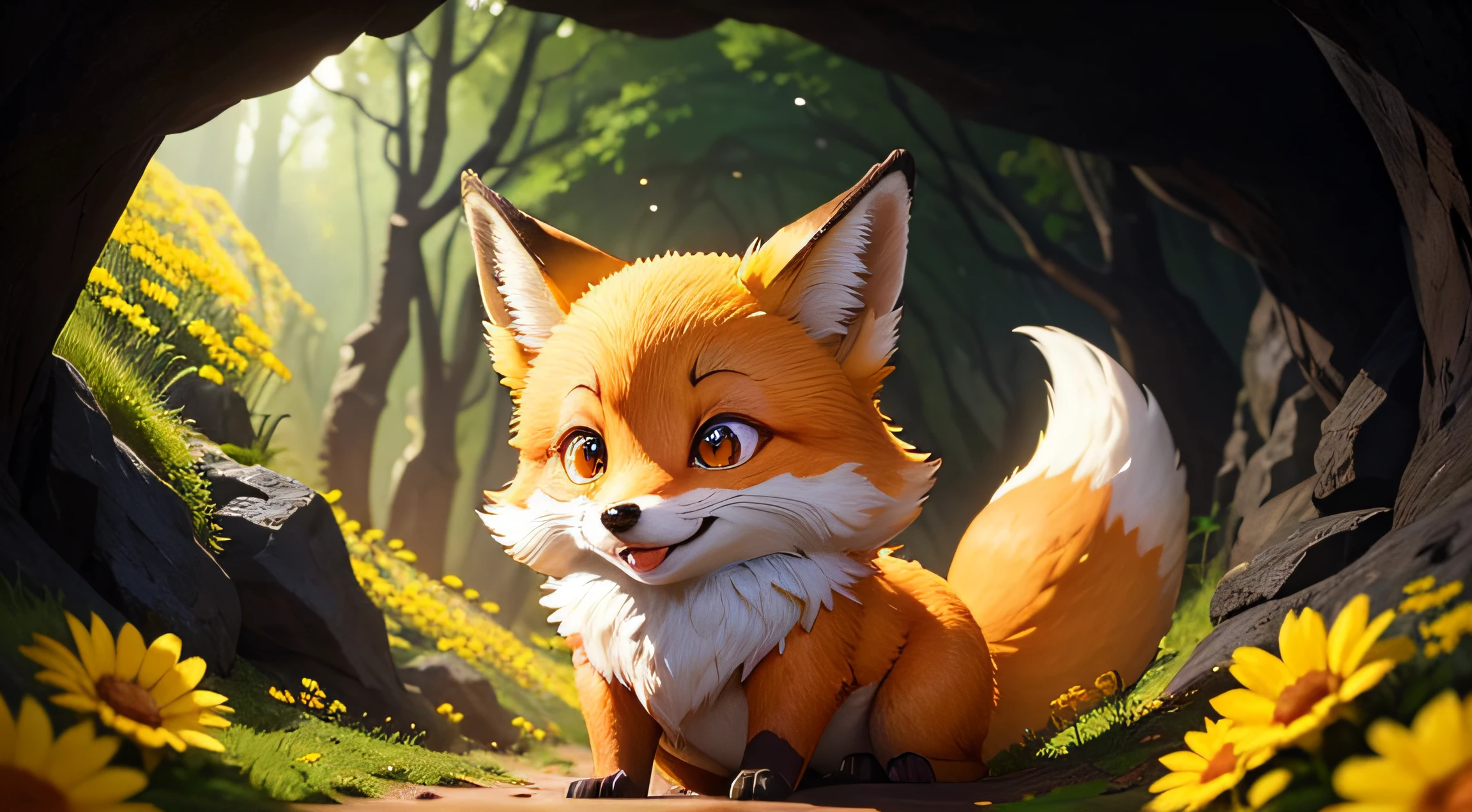 adorable fox inside a cave on Forest, awaking smiling, Close-up, back the Lens, Pixar Movie Style, best quality, Cinematic Movie Still, very cute, big eyes, brigth eyes, birds and yellow flowers around, yellow flowers inside cave, Open mouth